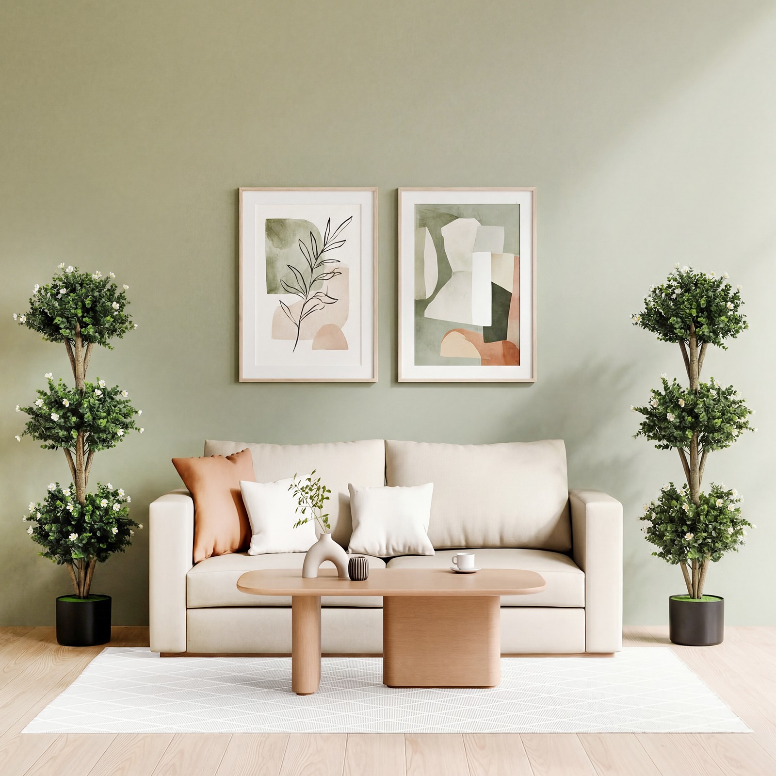 2PCS Artificial Triple Ball Boxwood Topiary Tree w/59 Blossoms for Porch Home