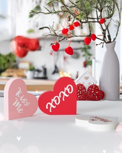 Valentines Day Decorations – 3 Pcs Large Wood Heart Shape Signs, Conversation