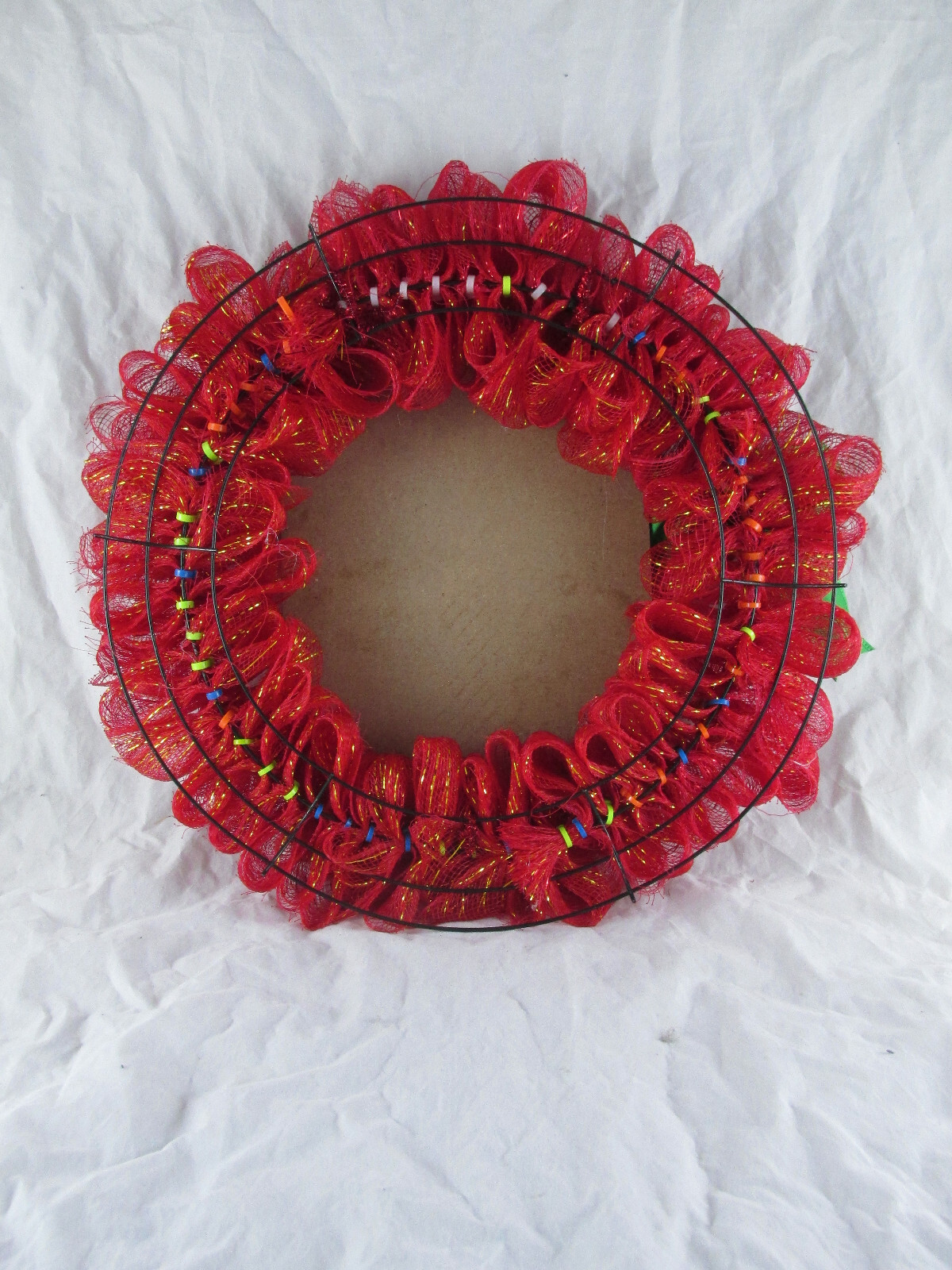 Red and Gold Poof Deco Mesh Ribbon Wreath