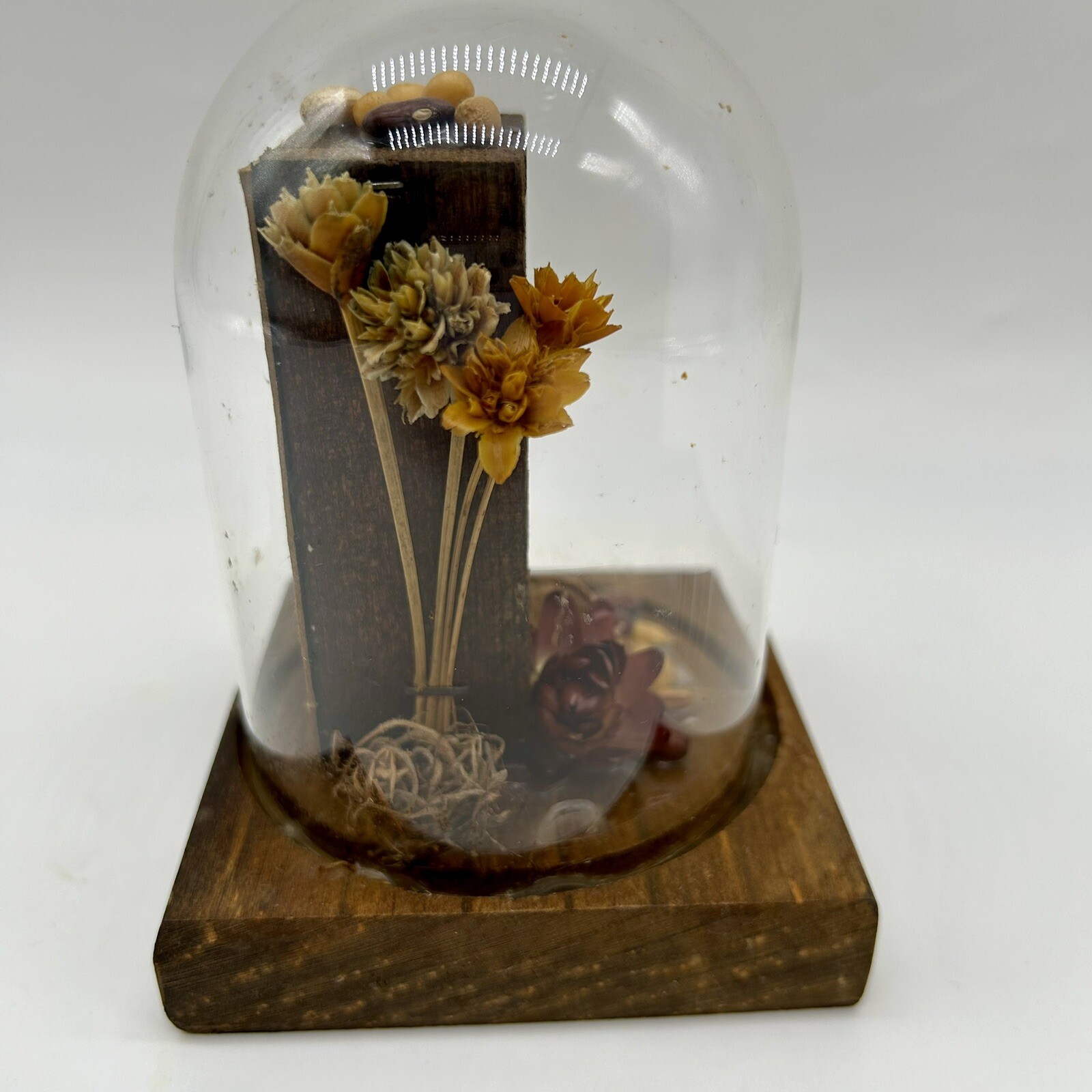 Vintage Leonard Creations California Glass Dome Cloche Dried Flowers Shadow box