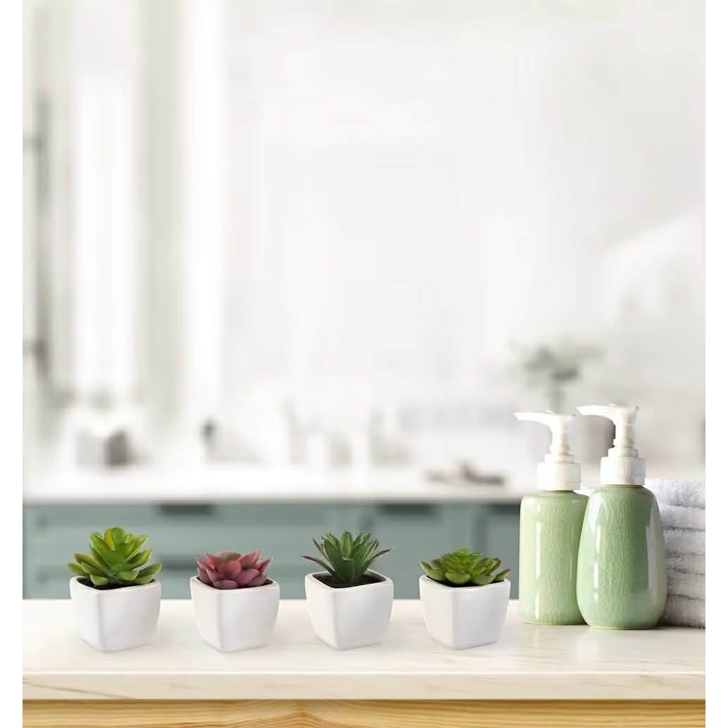 Pure Garden Faux Succulents in White Ceramic Pots Set of 4 Green