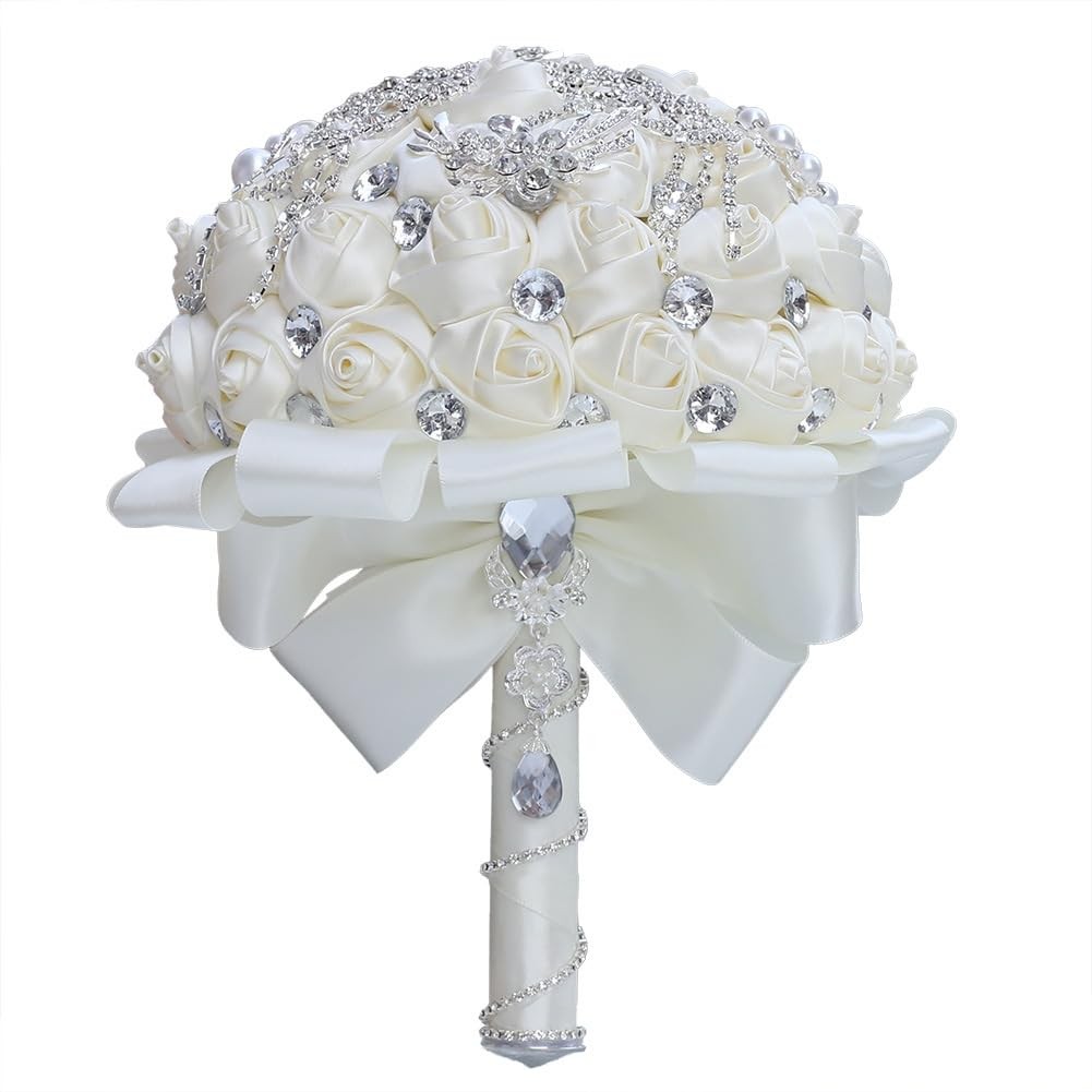 Ivory Wedding Bridal Bouquet Bling Rhinestones Brooch Satin Rose 7.1 Inch