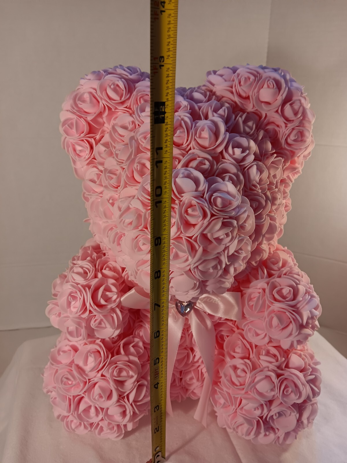 Pink Rose Teddy Bear – Artificial Foam Flower Bear with Bow – 11″ Romantic Gift