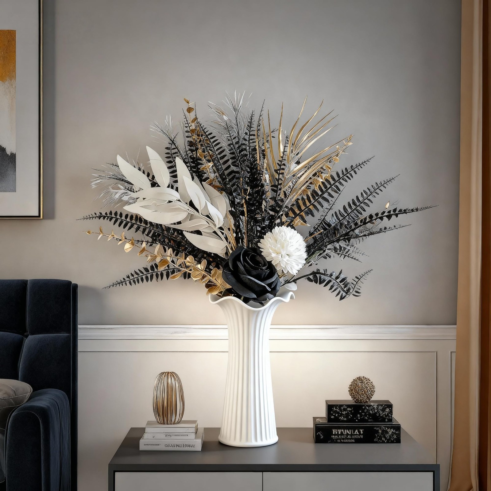 Gothic Aesthetic Decorative Floral Arrangement Black and White Roses with Met…