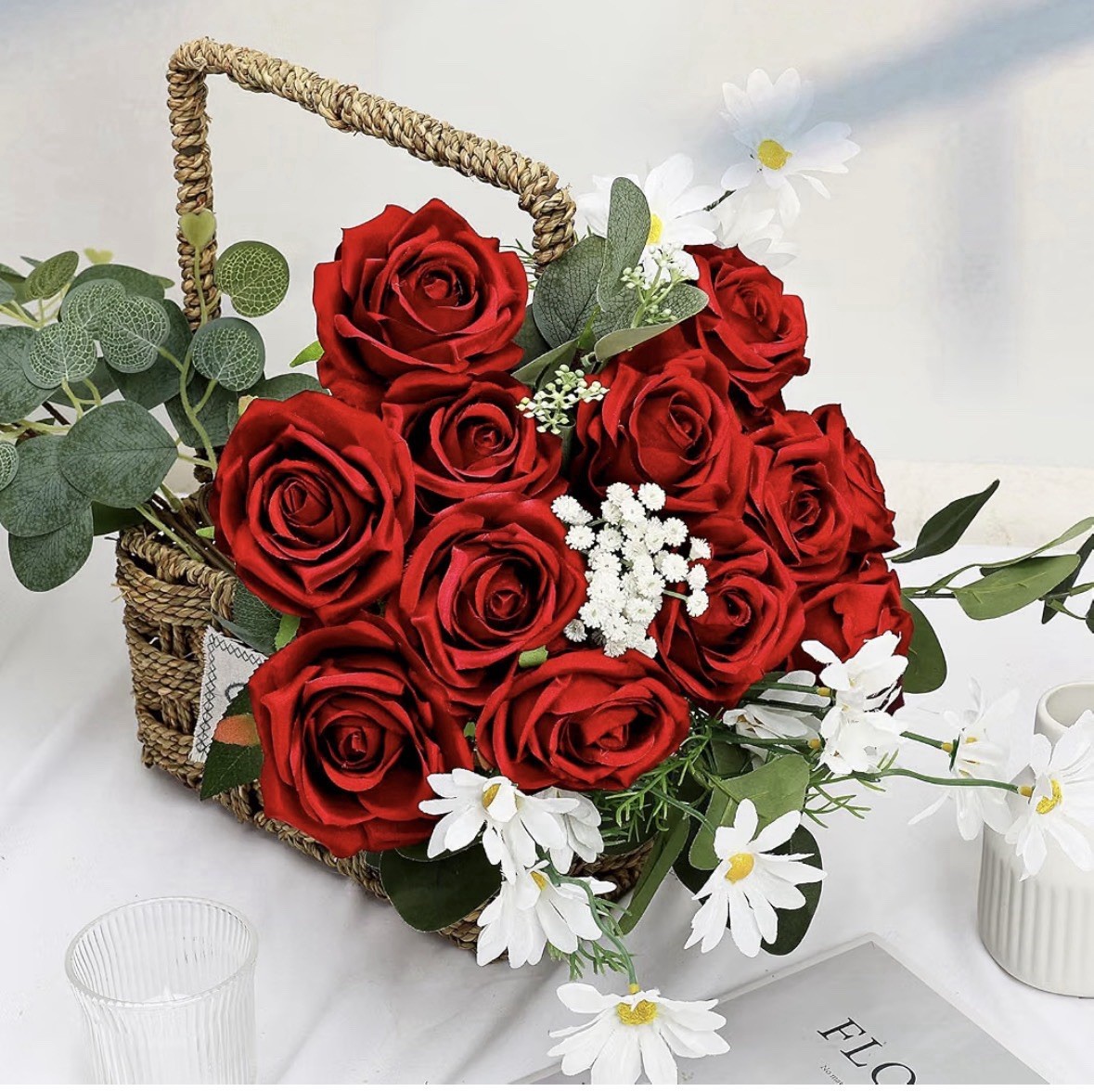 48pcs Red Roses Artificial Flowers,Realistic Long Stem Fake Silk Roses Bouquet