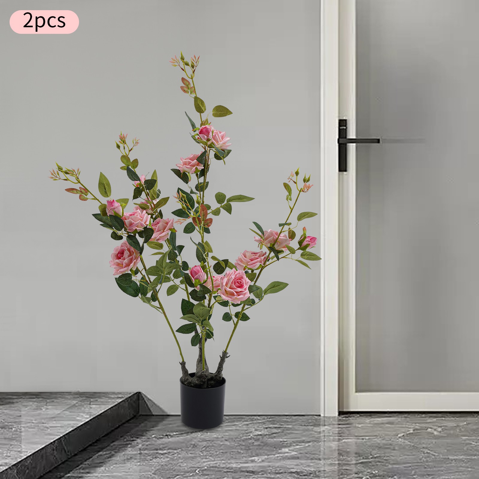 2pcs Artificial Rose Trees Fake Flowers Tree, Pink Artificial Flower Plant Decor