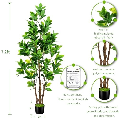7.2ft Artificial Rubber Tree (85in) with Plastic Nursery Pot Fake Tree, Faux