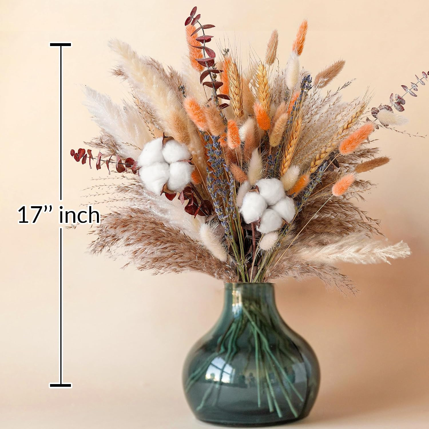 Fall Dried Flower Bouquet – Boho Fall Decor with Pampas Grass, Cotton, and Orang