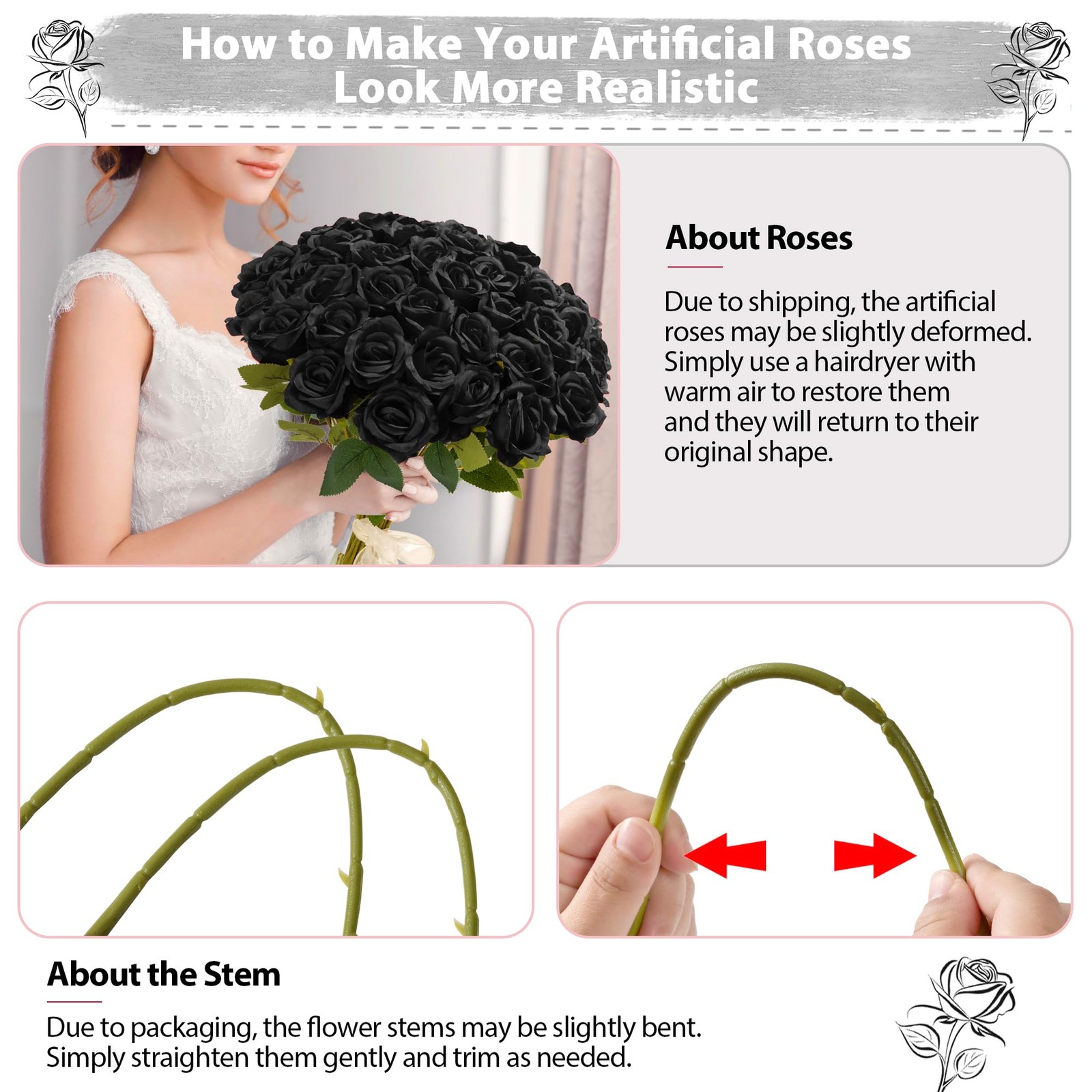 Fanfantoey Black Roses Artificial Flowers Bulk, 52Pcs Fake Roses Flower Arran…