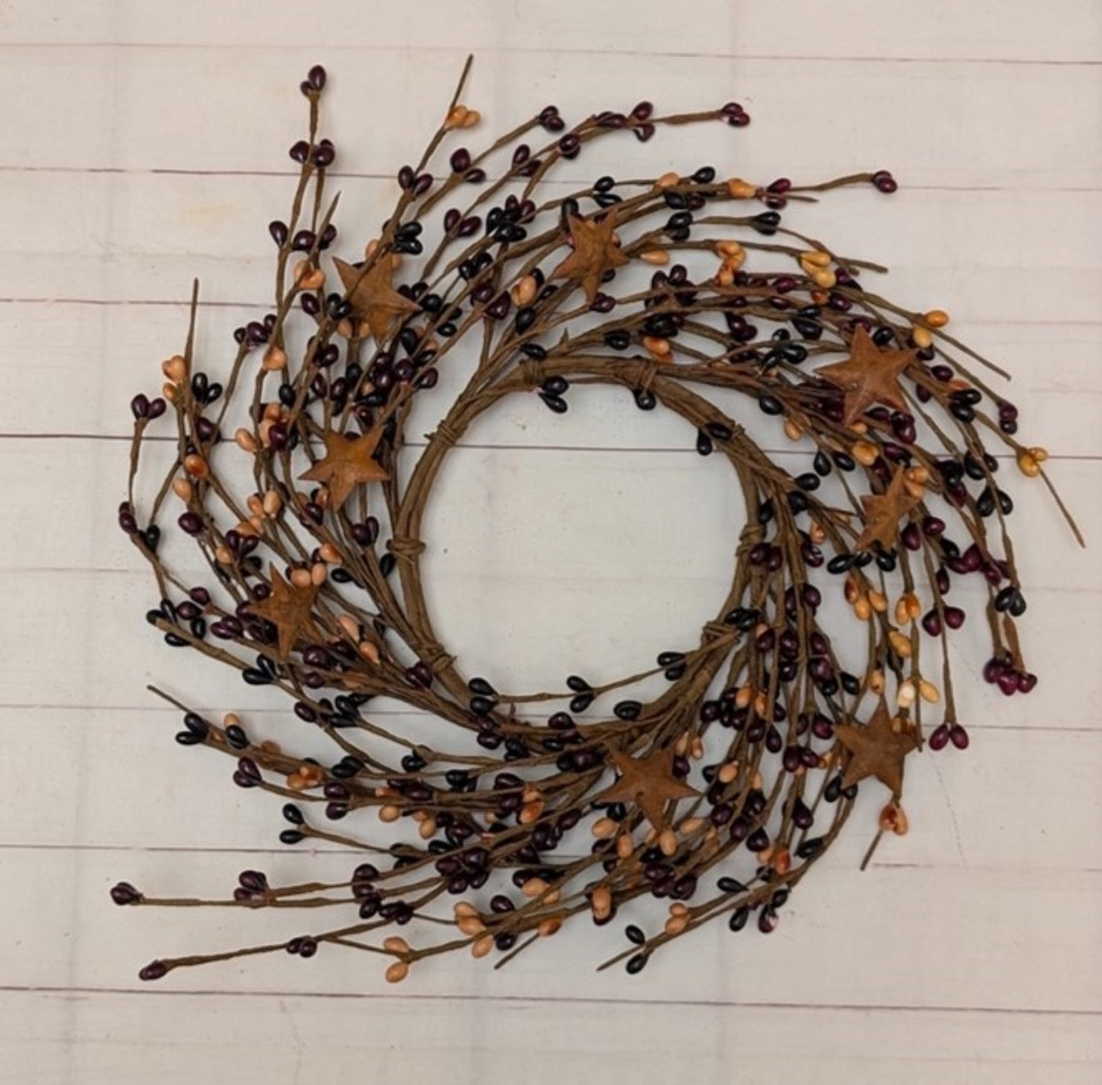 Country Primitive 4.5″ Pip Berry Candle Ring with Stars Black, Tan and Burgundy