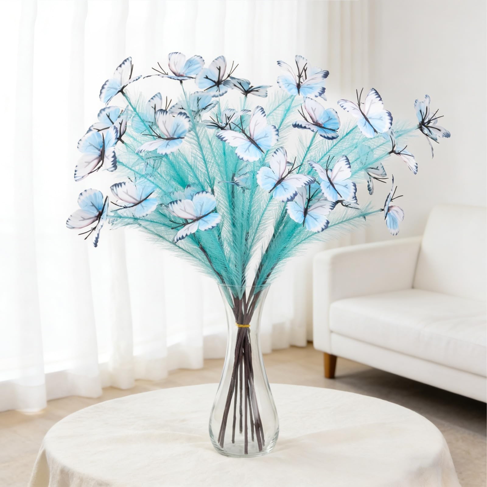 10 Stems Faux Pampas Grass with Butterfly Decorations, Lake Blue Tall Fluffy …
