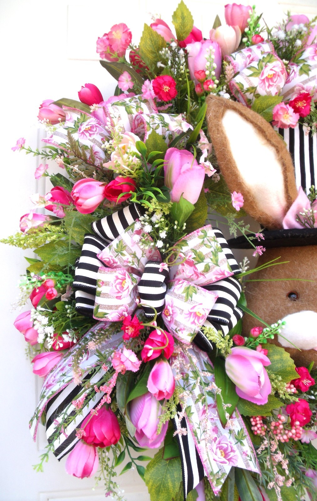 Spring Easter Bunny Wreath, Door Decor Pinks/Black/Whites