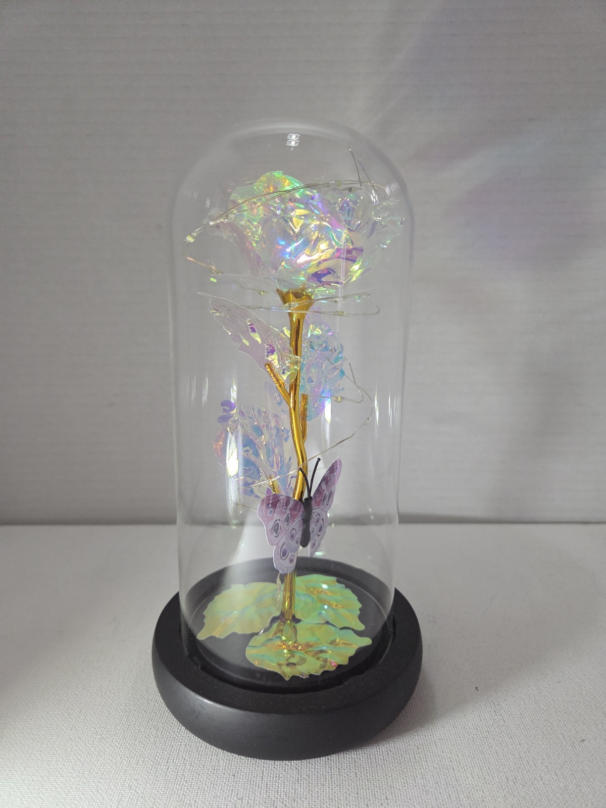 Glass Dome Enchanted Galaxy Rose & Butterfly Iridescent with LED Lite 3 AAA Batt