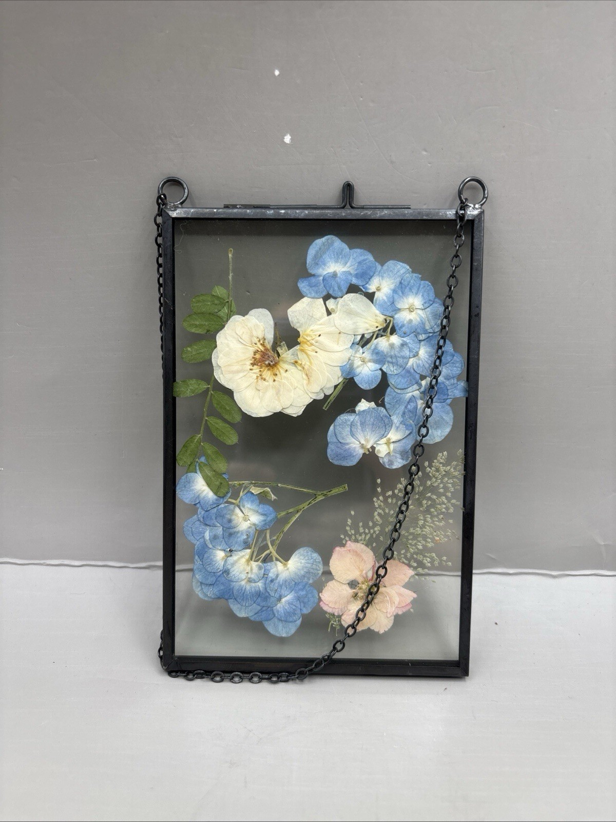 Vintage Lasting Impressions Real Dried Pressed Flowers In Glass W/ Metal Frame