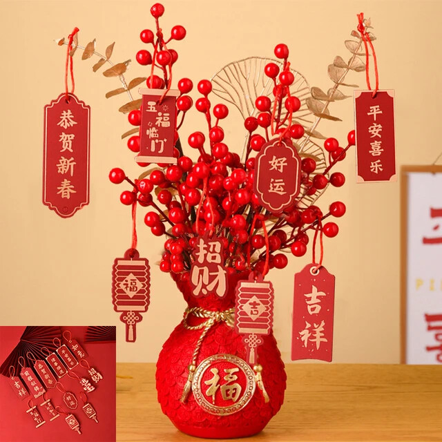 Chinese Spring Festival Decorations Vase Artificial Red Berries Plant Vase with