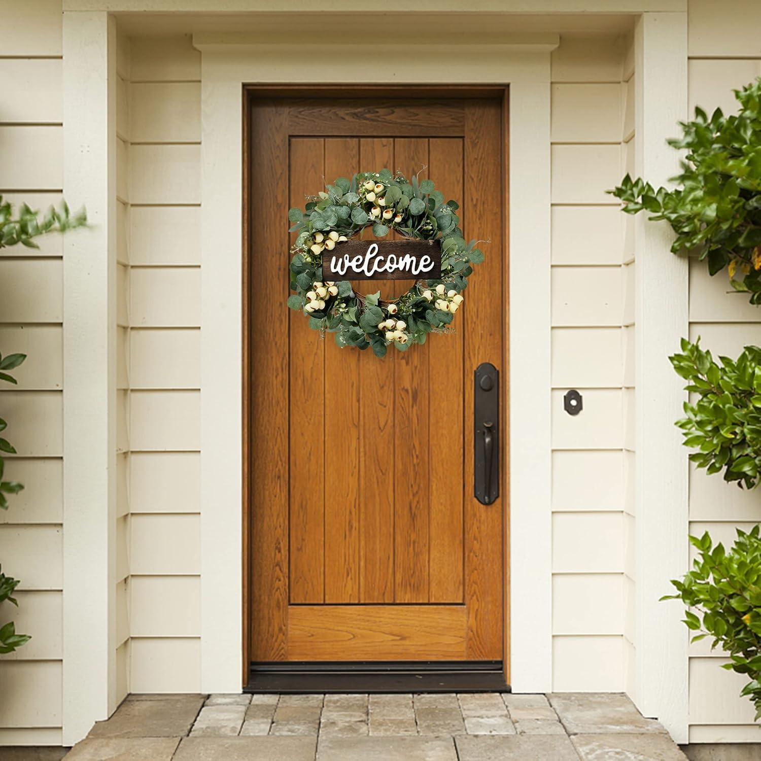Green Artificial Eucalyptus Wreath with Welcome Sign 20In Spring Summer Wreath w