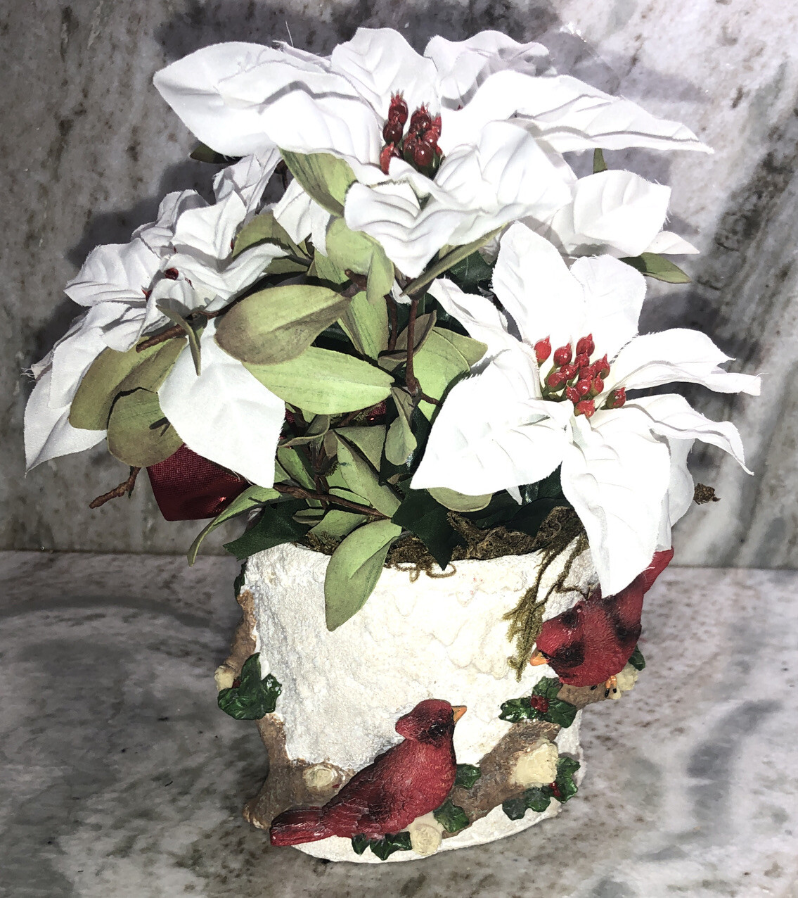 Christmas Cardinal Flower Pot Filled With 9”H x 10”W Artificial Flowers-NEW