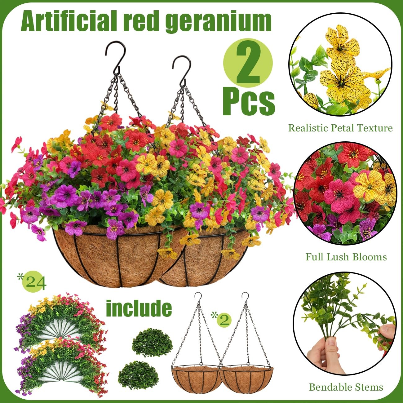 2 Set Artificial Outdoor Flowers with Hanging Basket for Garden Porch Patio B…