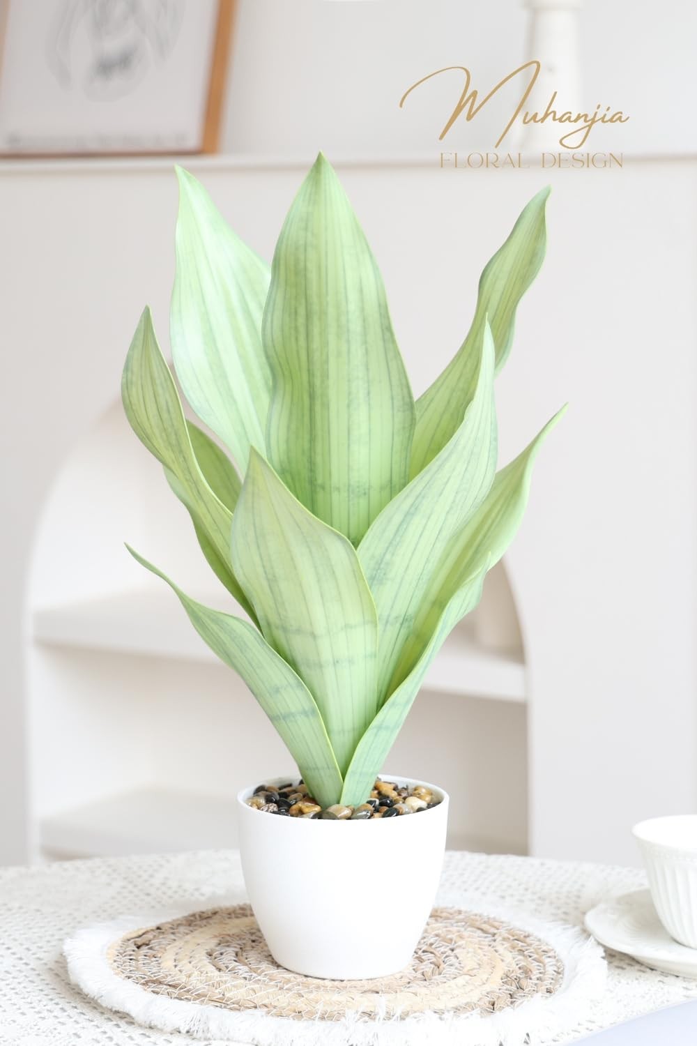 17 Inch Artificial Snake Plant Potted Fake Sansevieria White Planter White/Green