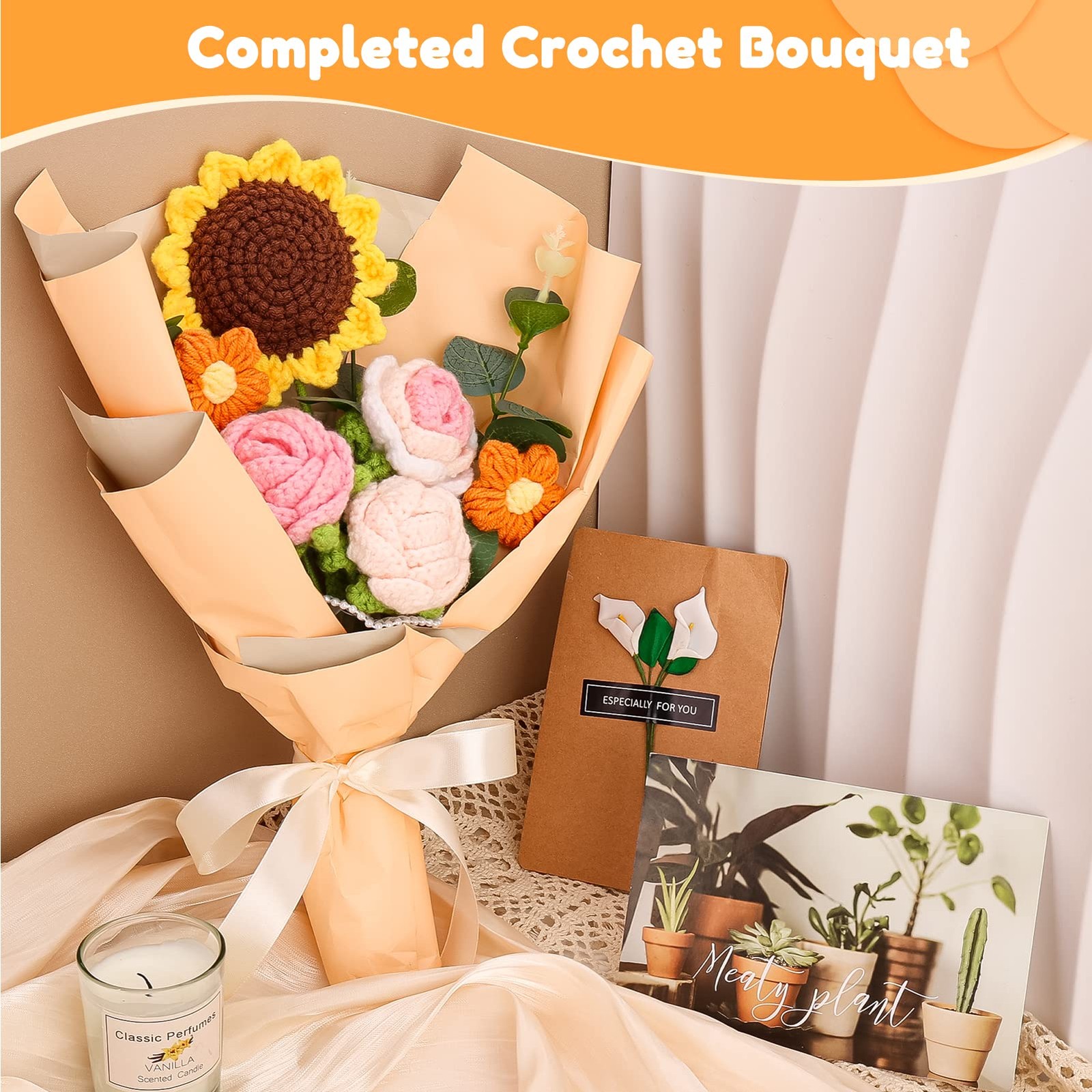 Completed Crochet Flower Bouquet, Orange Handmade Knitted Bouquet, Crochet Bo…