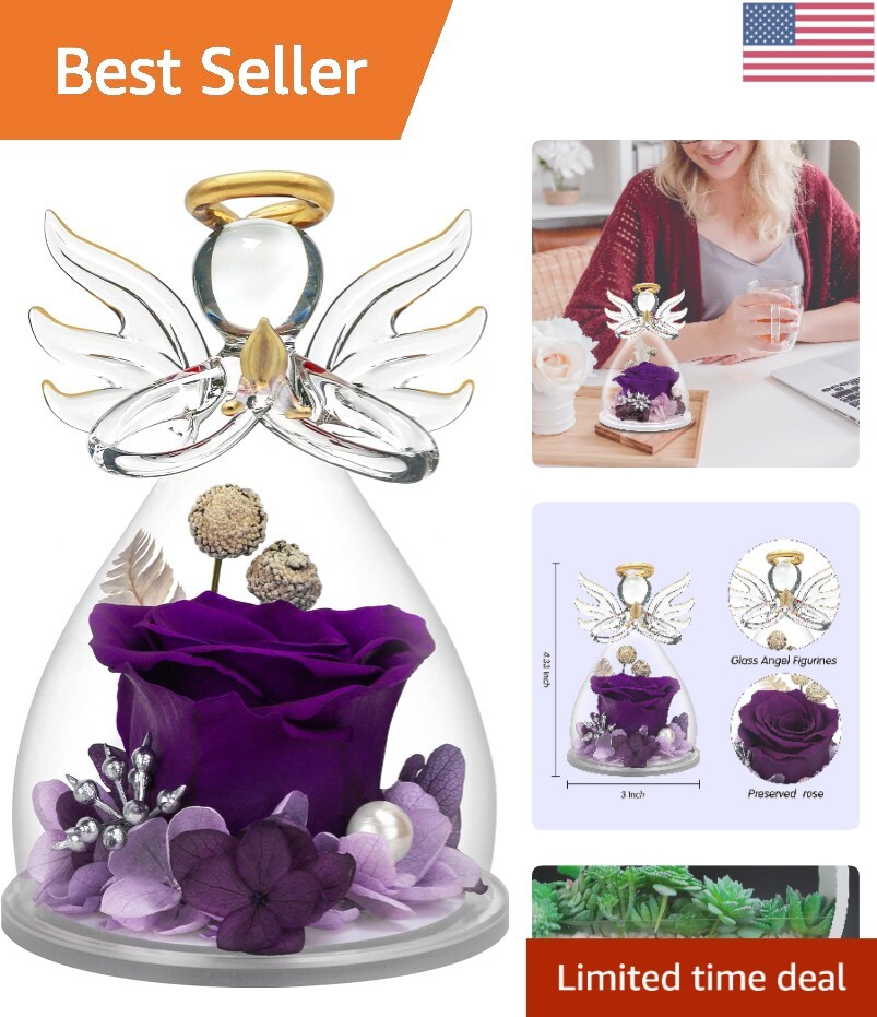 Delicate Purple Rose Angel Figurine with Real Hydrangea Petals – Elegant Gift