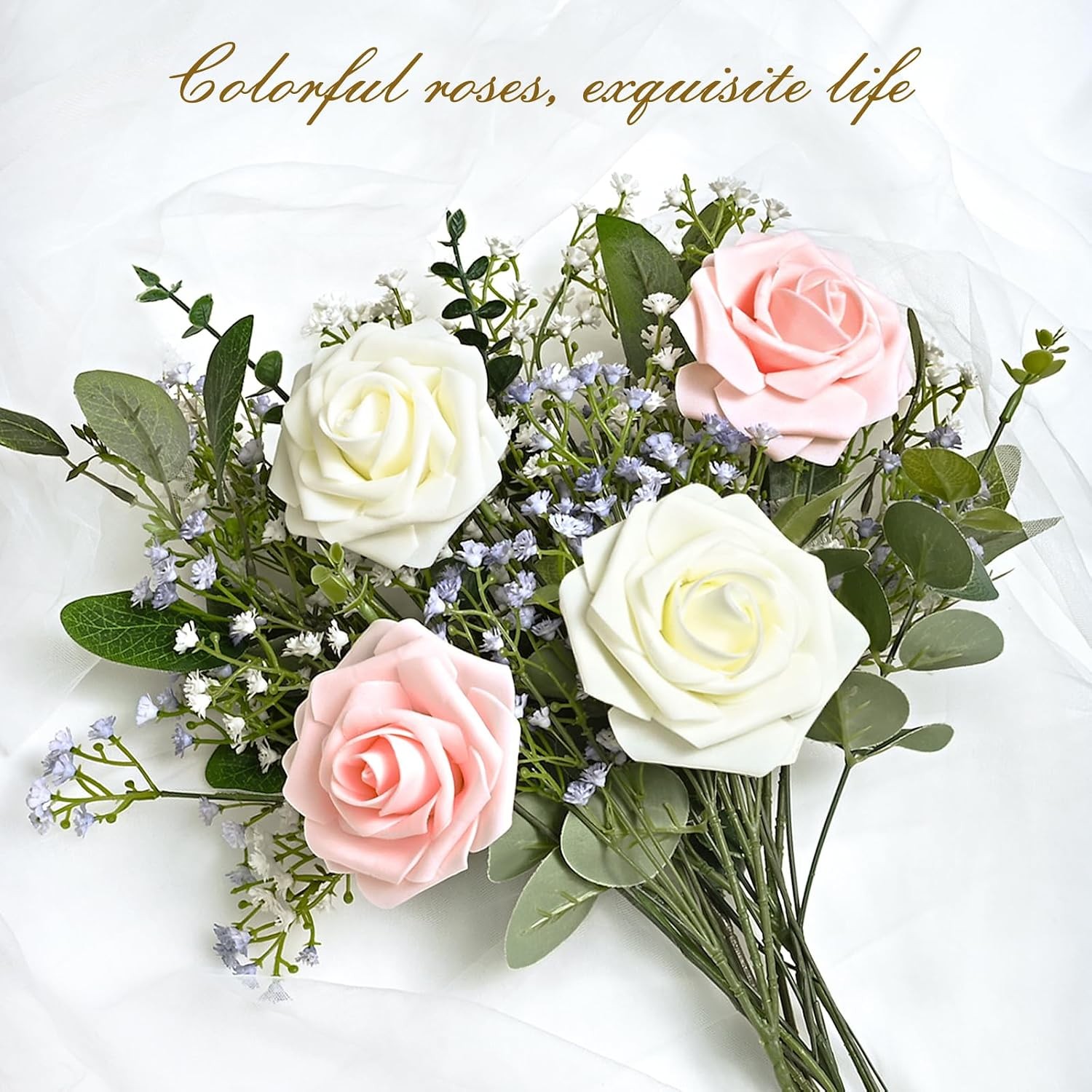 16Pcs Artificial Flowers Fake Roses with Stems, Ivory White Boxed Foam Roses for