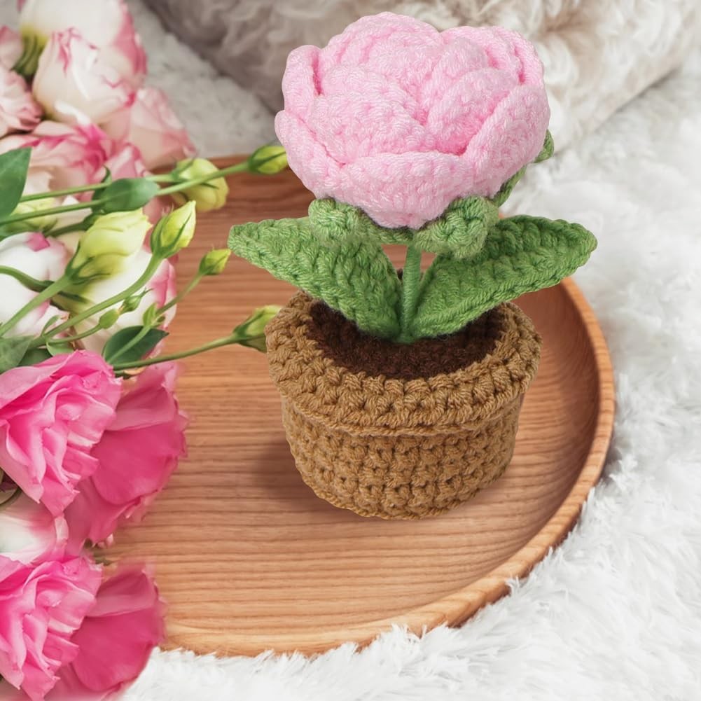 2 Pieces Handmade Crochet Flowers Small Potted Artificial Woolen Yarn Rose Fl…