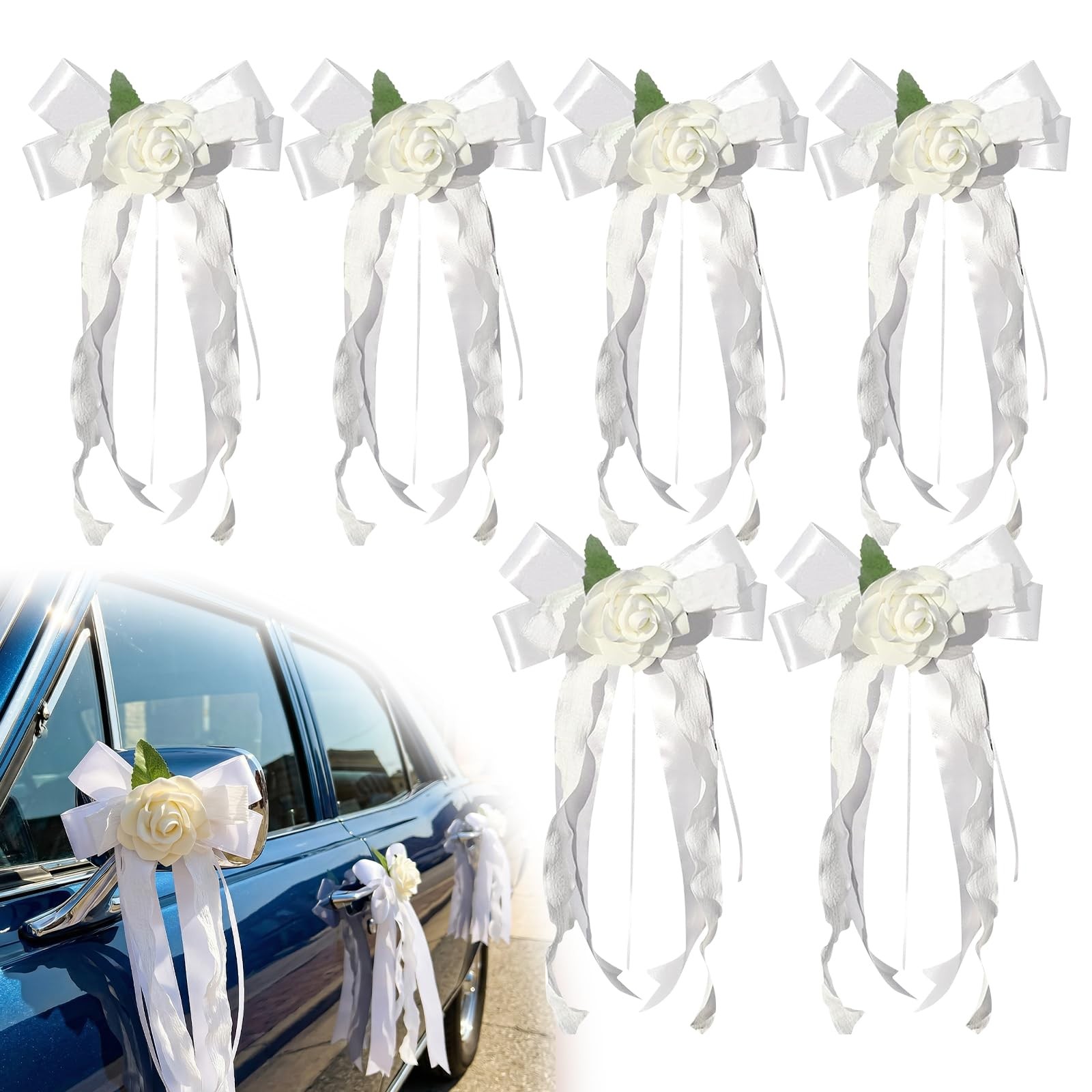 6 PCS White Wedding Car Door Handle Flowers Rearview Mirror Ribbon Bowknot