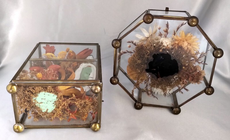 Lot (2) Vintage Octagon/Rectangle Glass Boxes w/ Dried Fall Floral Arrangements