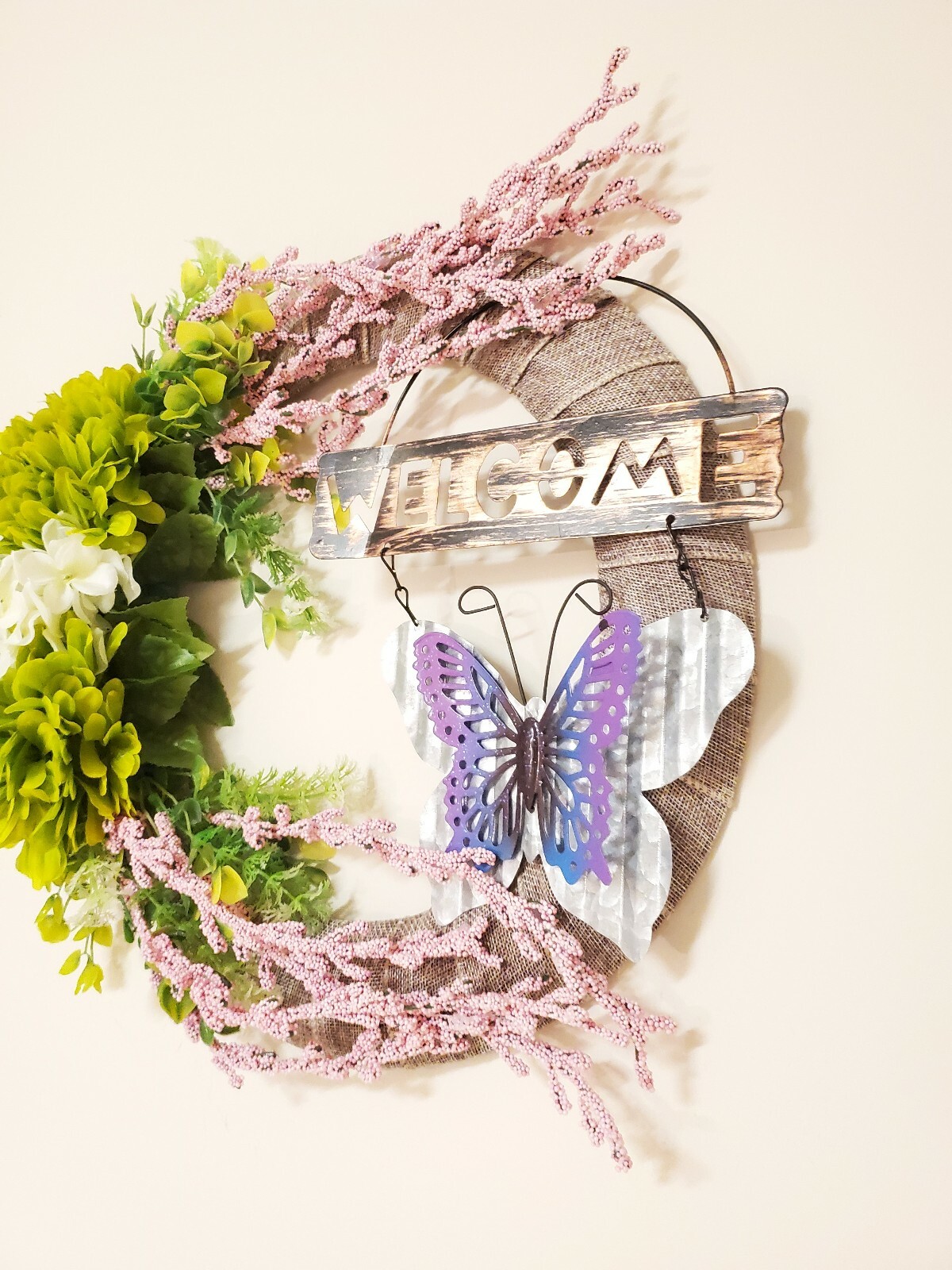 WELCOME fall spring Wreath green white pink FLOWER beige burlap Decor Front Door
