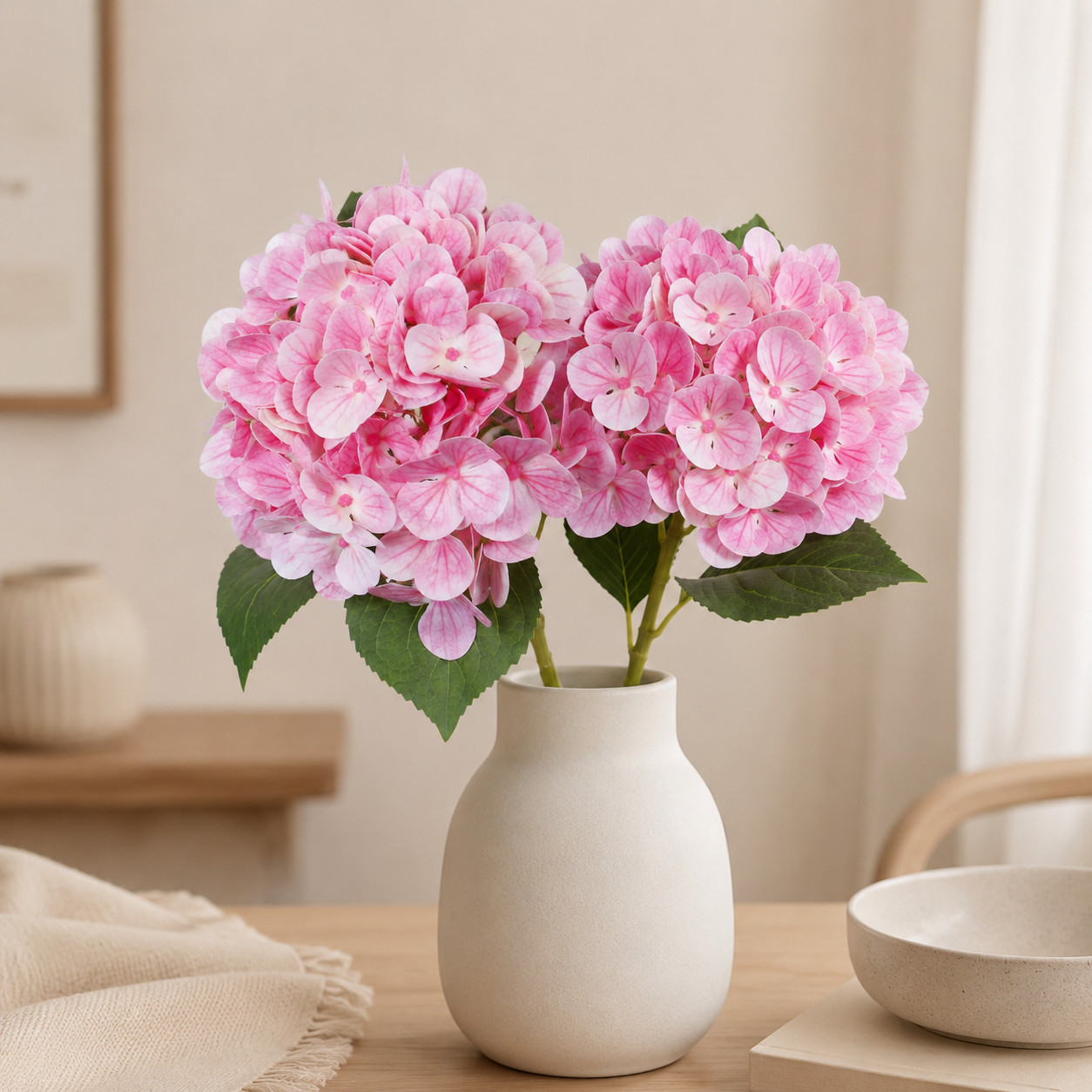 Set of 2 Rose Pink Artificial Hydrangea Stems Faux Flowers Home Wedding Decor