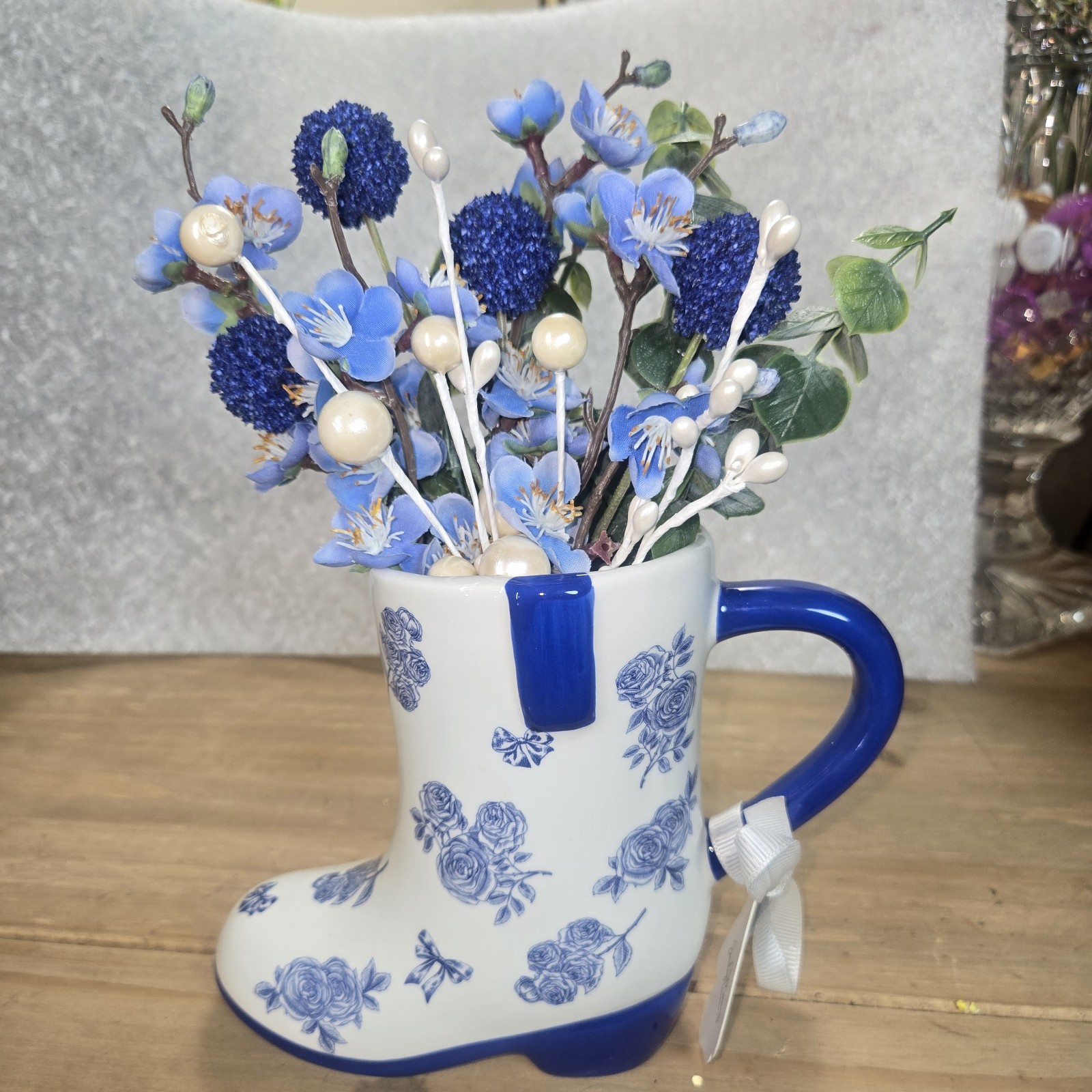 Flower Arrangement Porcelain Boot Vase Assorted Fake Flowers