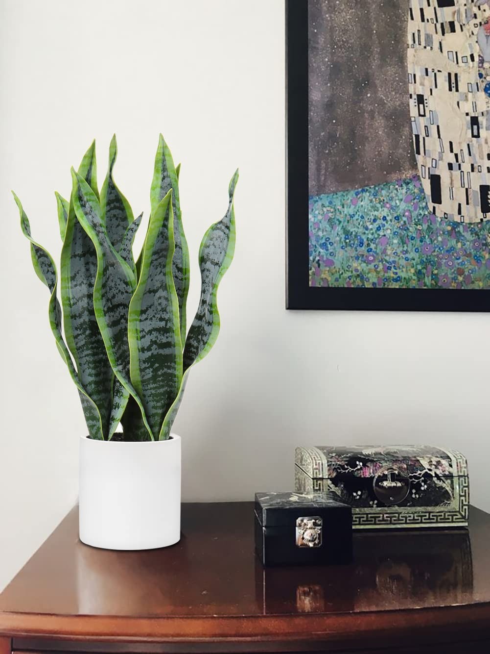 Briful Fake Snake Plant 16″ Faux Potted Plant Artificial Snake Plant with Whi…