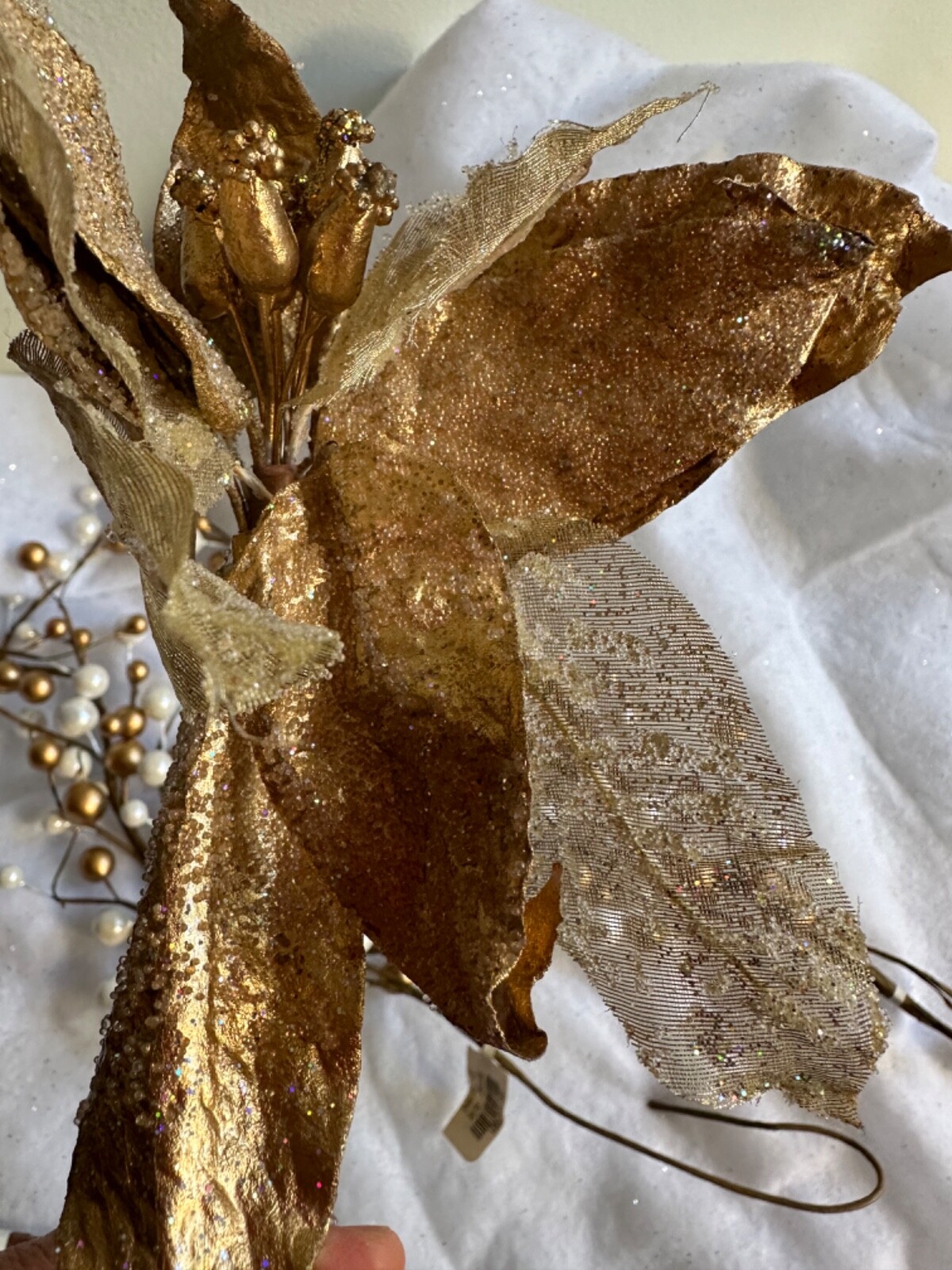 Berry Cluster Tree Pick Plant Spray Decorations Gold Beads White and Bronze Leaf