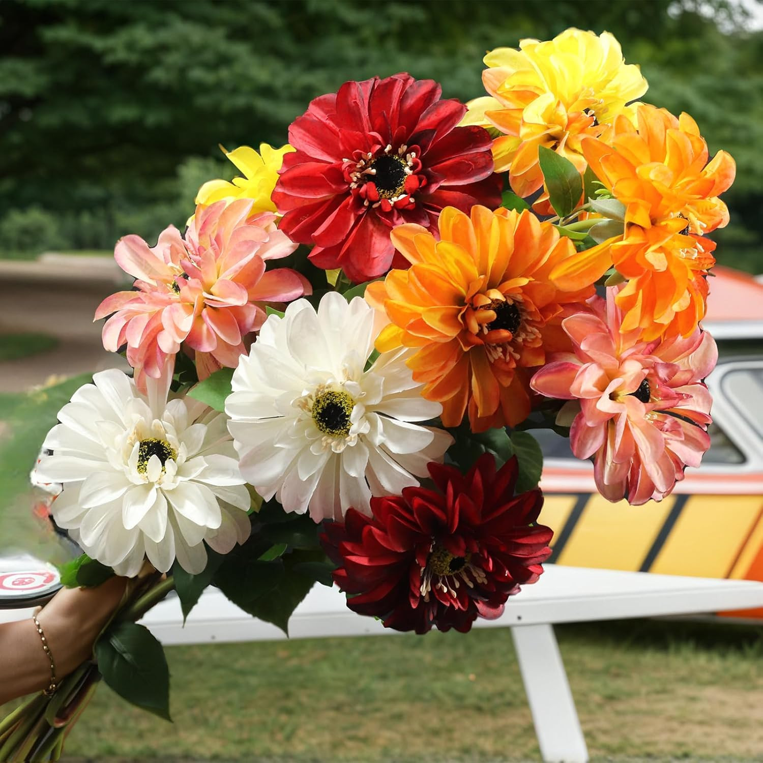 Artificial Chrysanthemums, 6-Stem Fake Flowers for Home Decor, Large Zinnia-Like