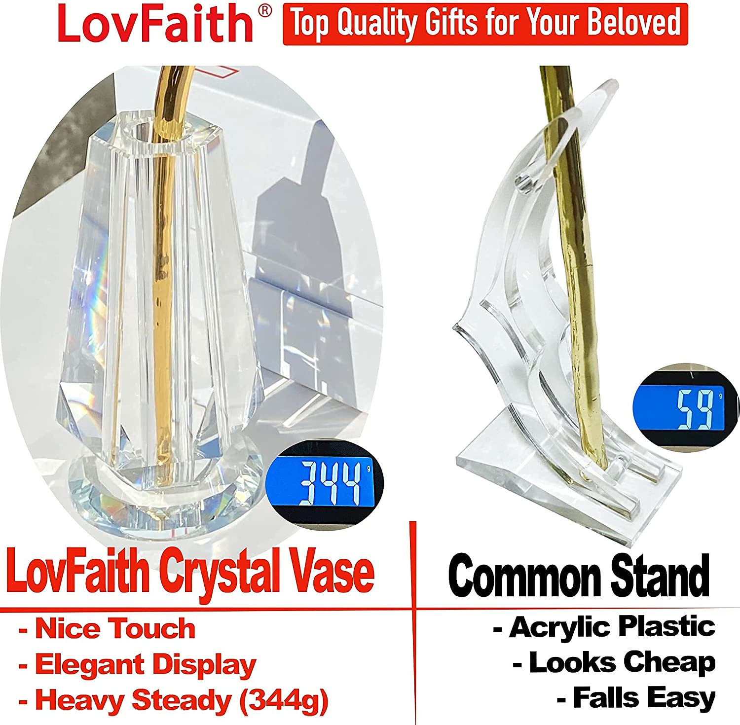Valentines Day Real Rose Dipped 24K Gold with Crystal Stand, Best Original Rose