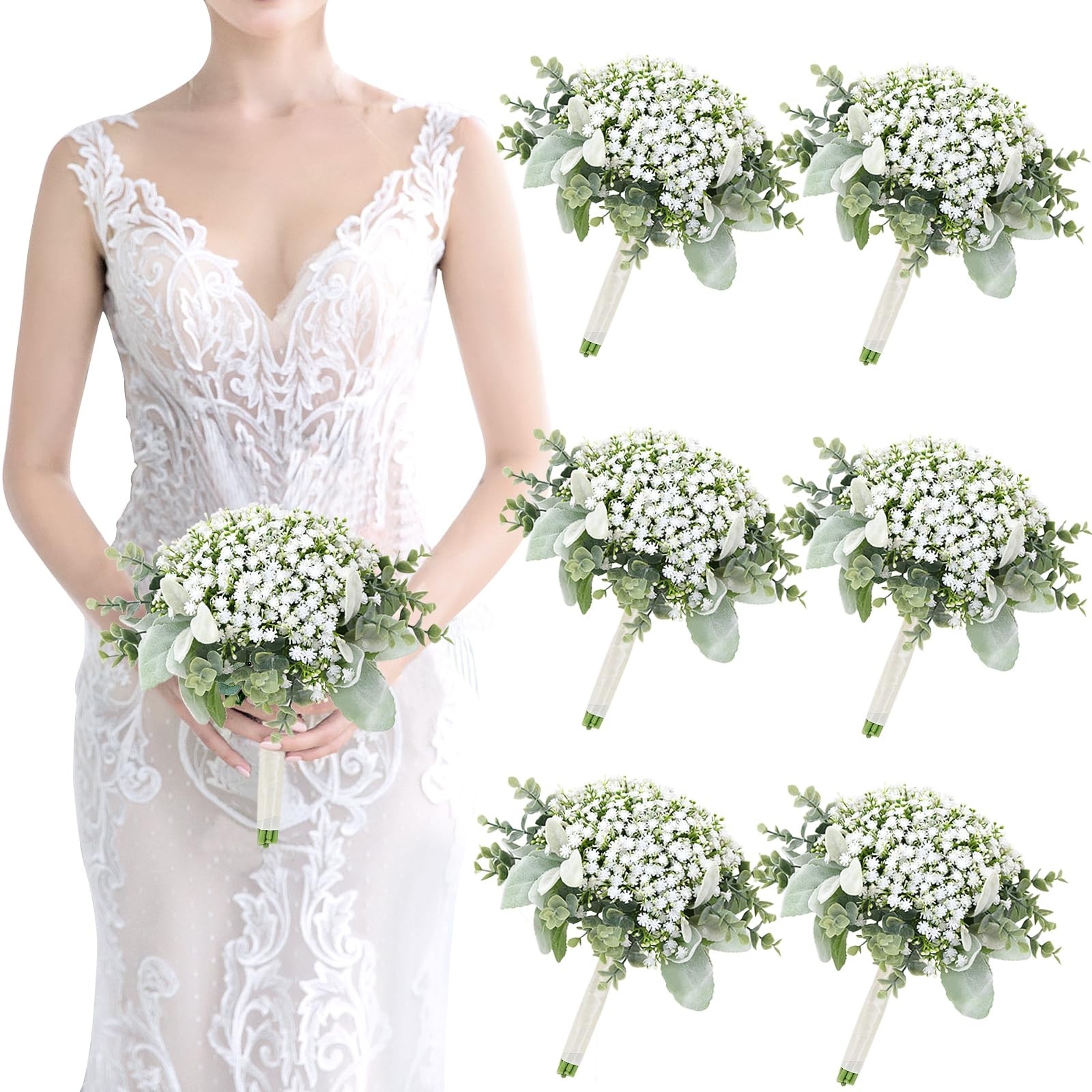 Wedding Artificial Bridesmaids Bouquets Set of 6- Faux Babys Breath White Fak…
