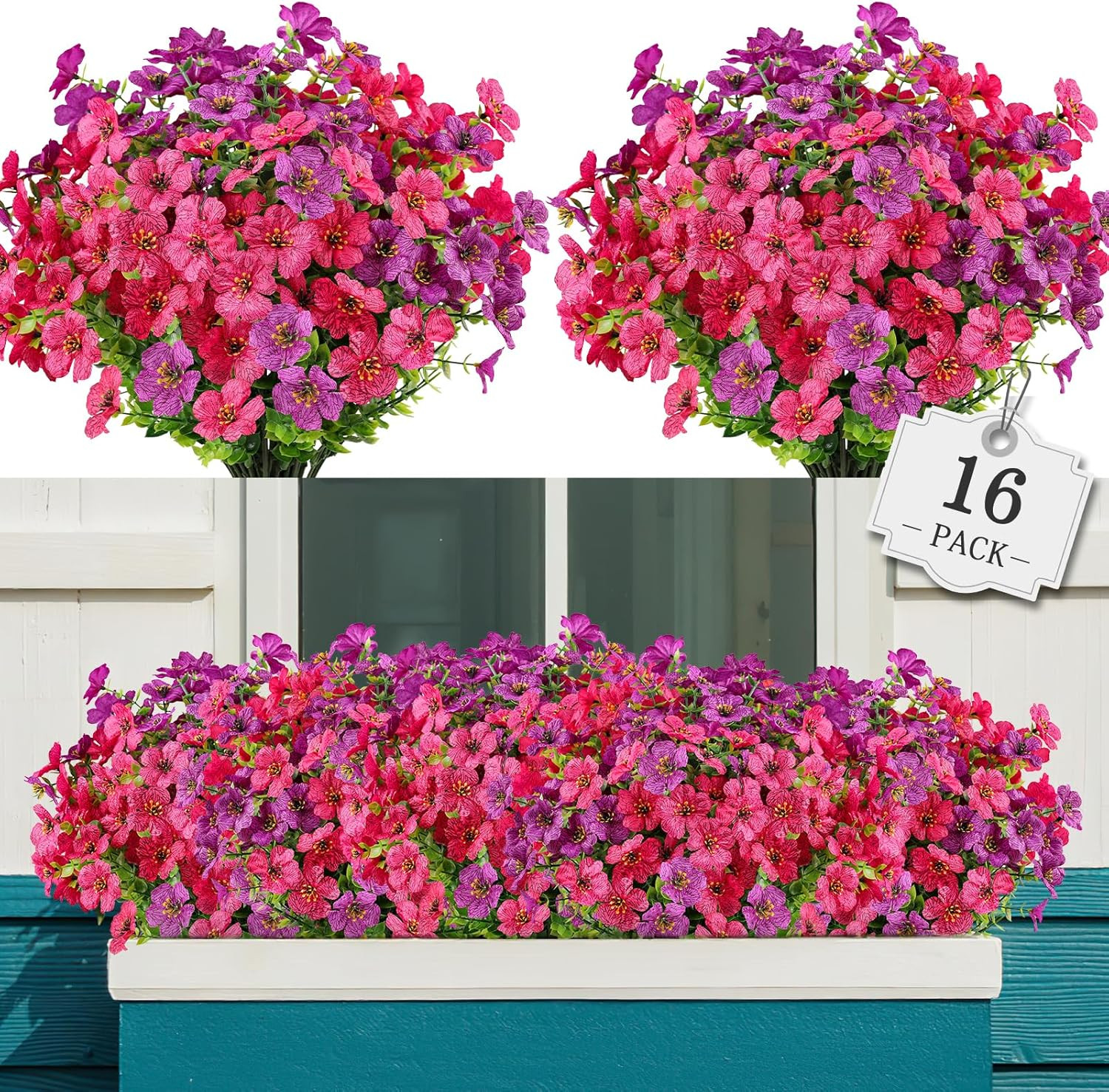 16 Bundles Artificial Flowers for Outdoor,No Fade Fake Plastic Flowers Faux Plan
