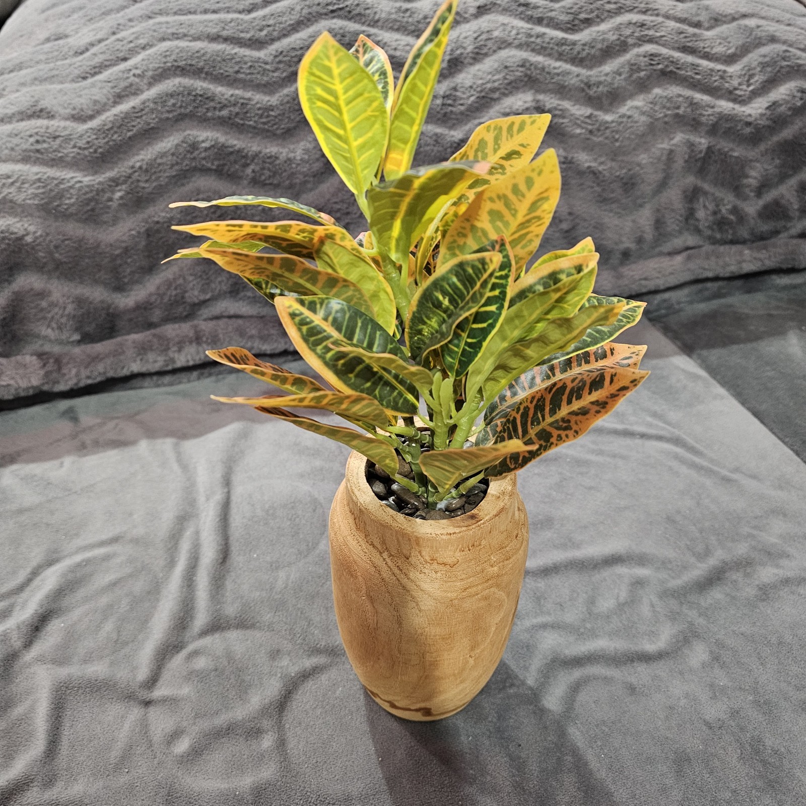 Artificial Croton Plant in Wooden Vase – Decorative Tabletop Plant