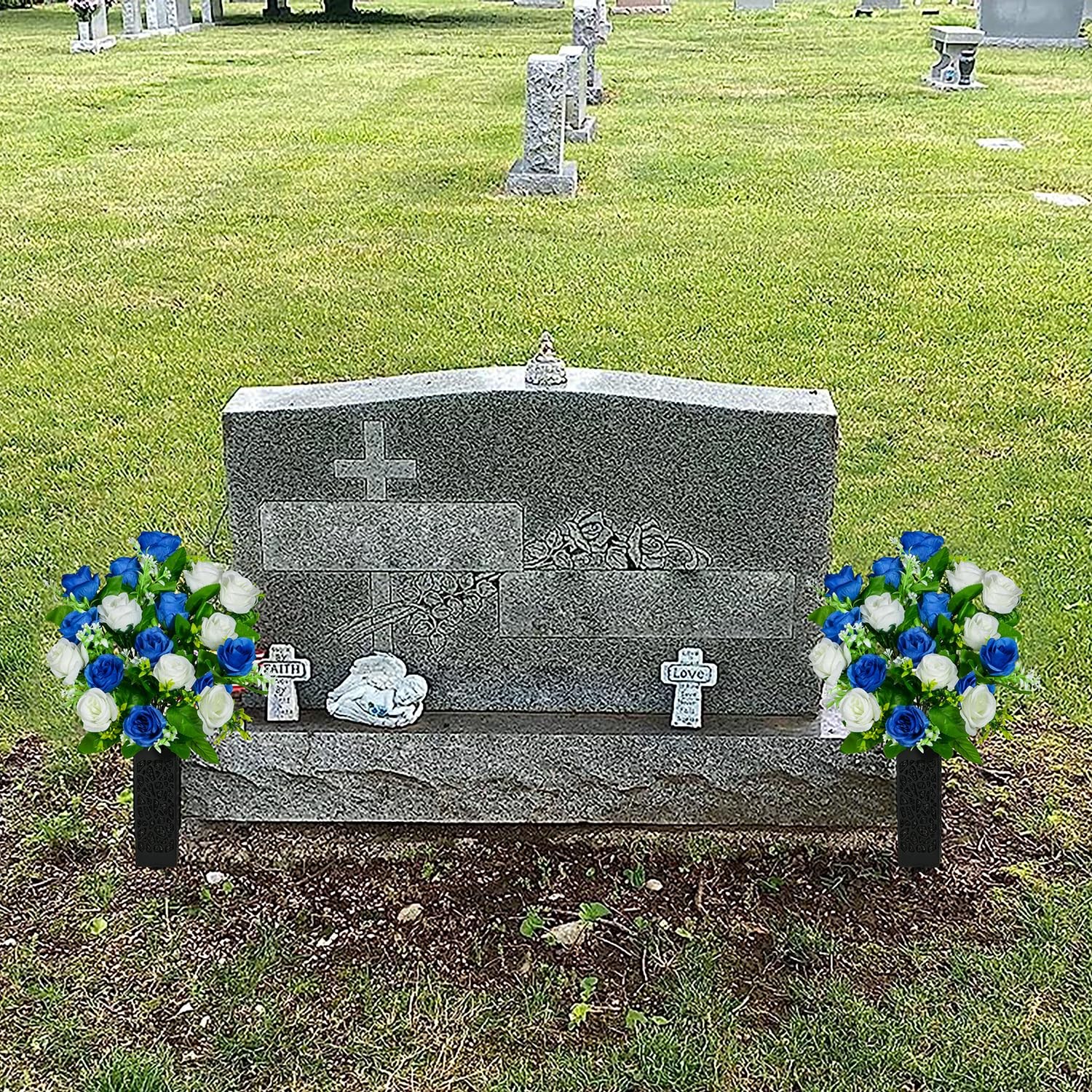 2 PCS Cemetery Grave Memorial Flowers Dark Blue White Rose Bouquet With Vase