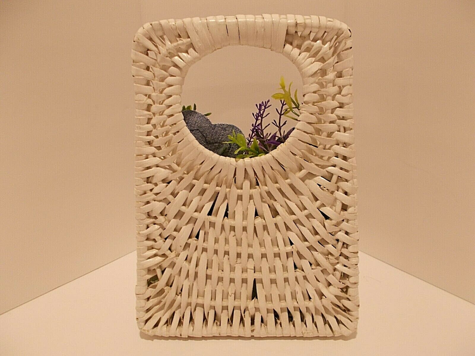 White Wicker Pocket Basket w Denim Roses Denim Zipper Flower w Faux Lavender