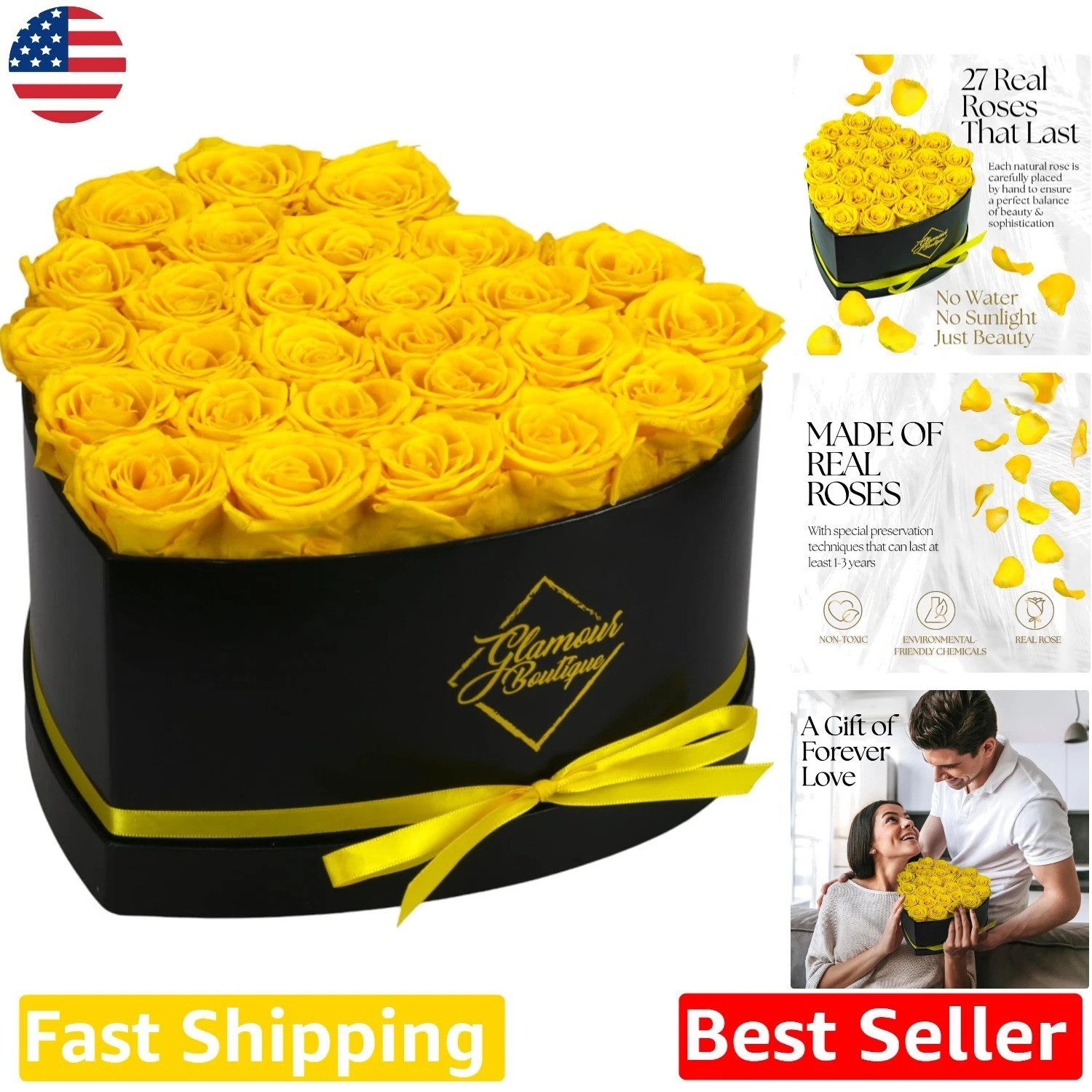 Eternal 27 Yellow Roses Heart Box – Preserved Flowers Gift for Her
