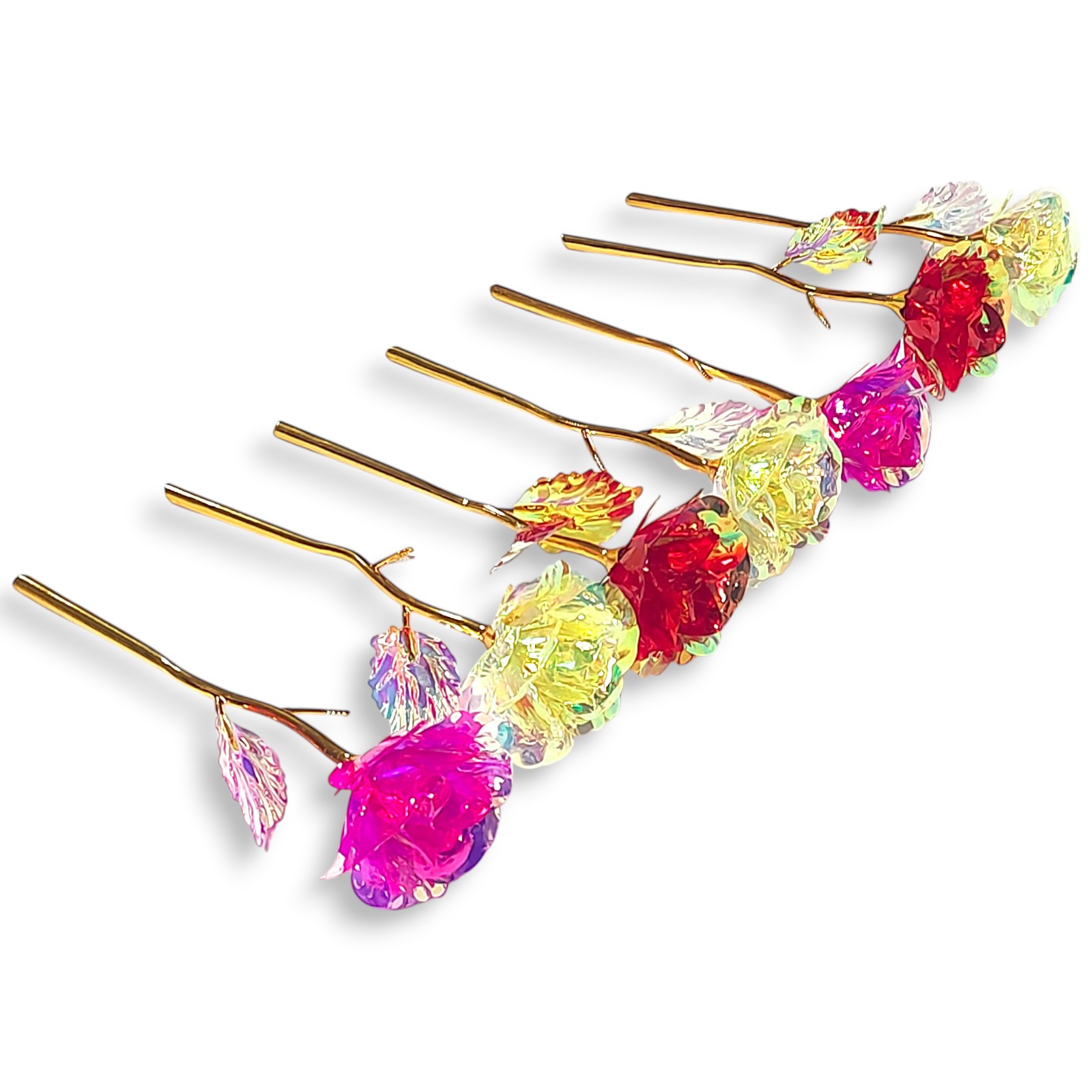 7pc Gold Stem Foil Enchanted Multicolor Flower Galaxy Rose Yellow Red Pink
