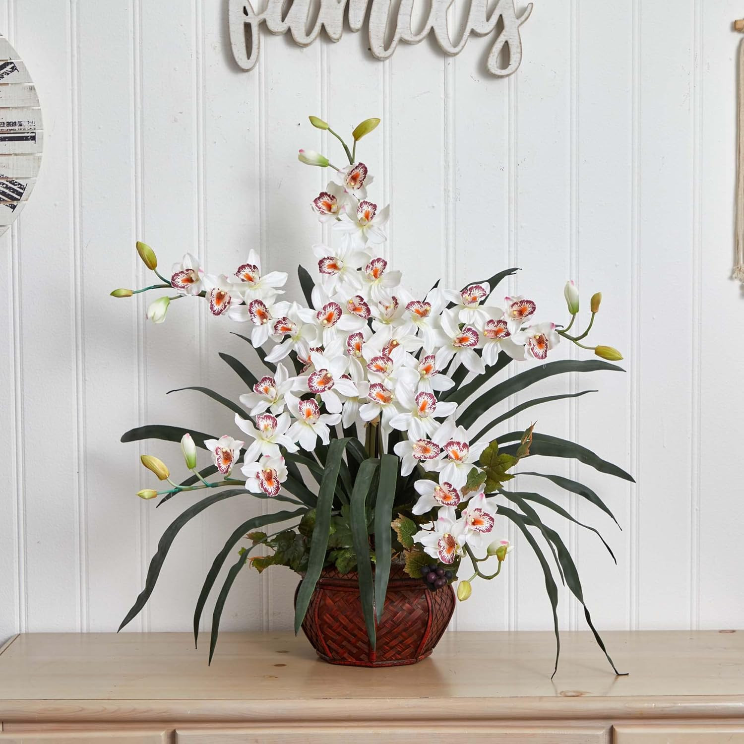 Cymbidium Silk Flower Arrangement in Decorative Vase –