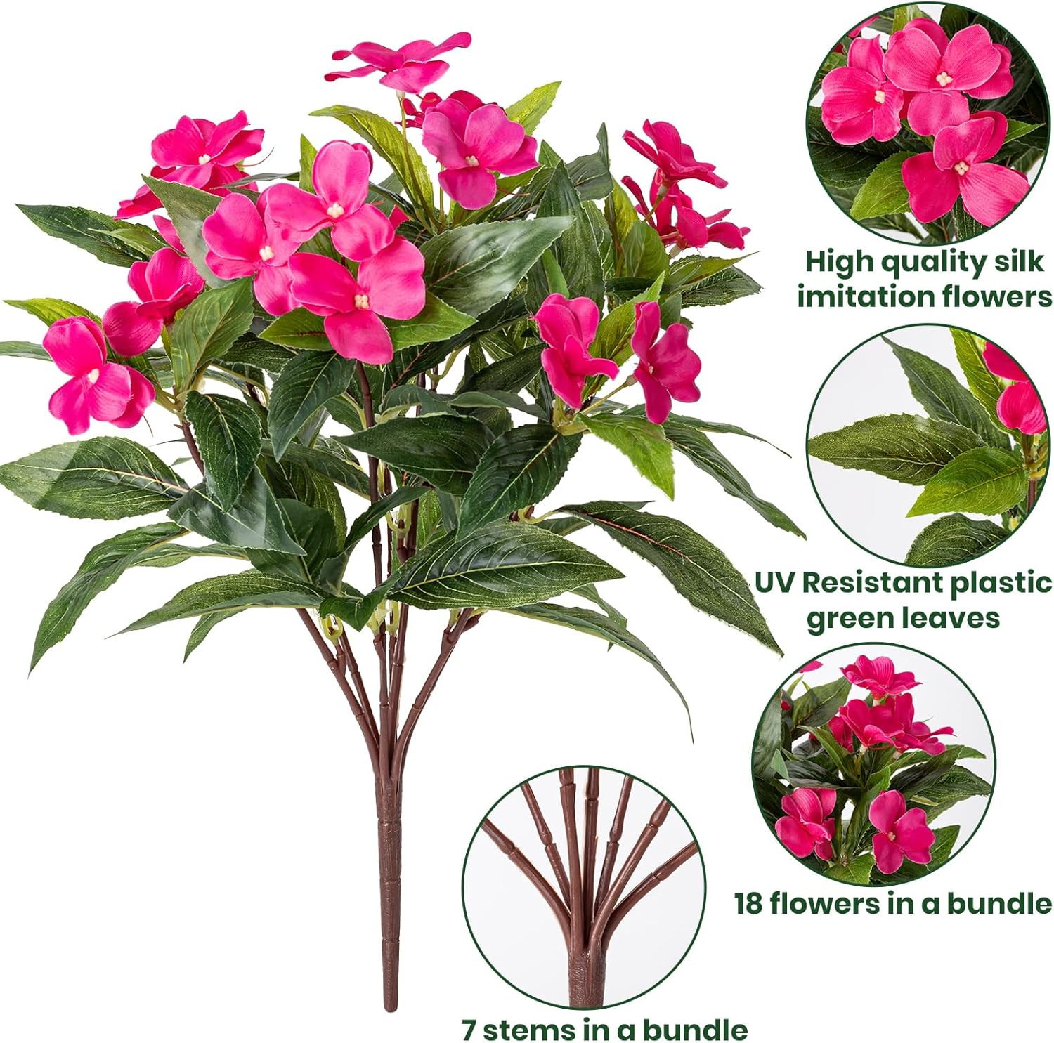 UV Resistant Faux Impatiens – 6 Bundles of Stunning Rose Red Outdoor Flowers