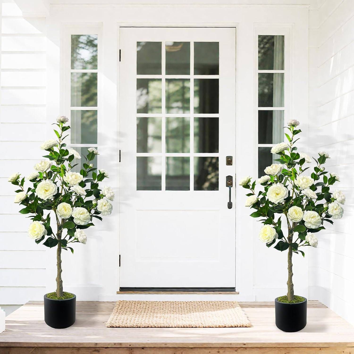 48” Artificial Camellia Tree with White Flower in Pots -2 Pack 4FT Faux Camelli
