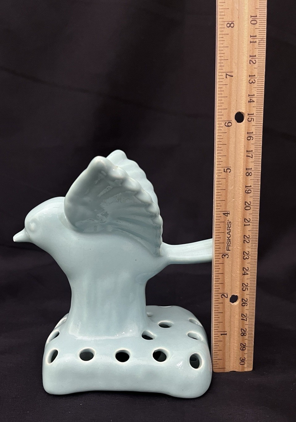 Vtg Camark Art Pottery Blue #410 Leaf Bowl Planter & Bird Flower Frog Set (S4)
