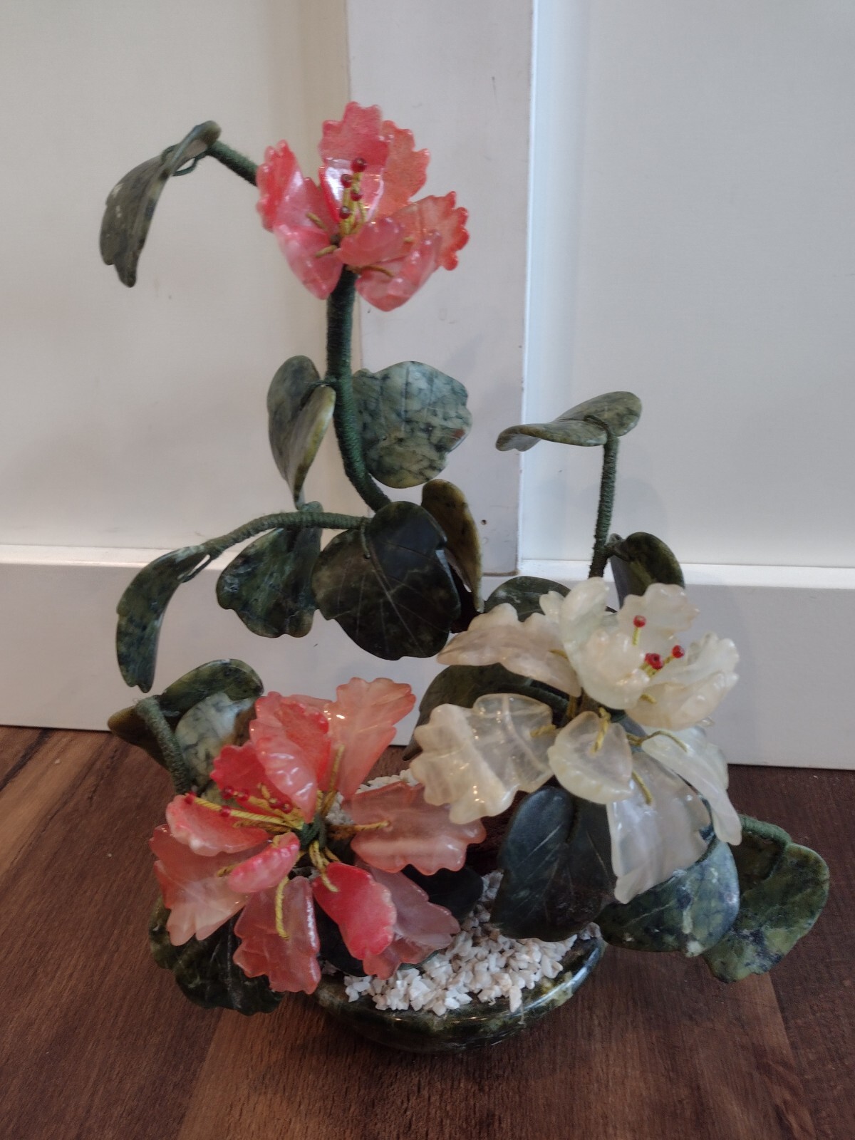 Vintage Bonsai Blossom Flower Tree Jade Agate Quartz Stone Glass Gorgeous 10″