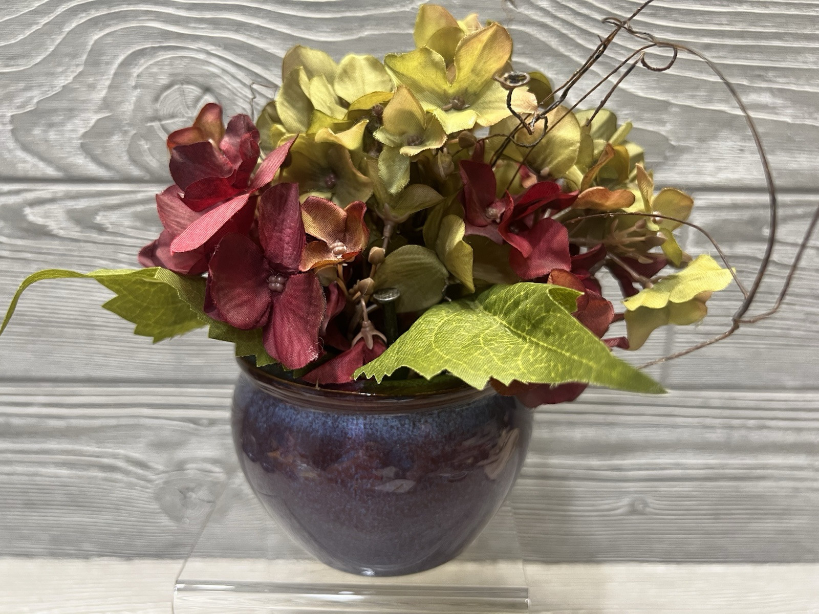 Small Flower Arrangement Hydrangeas in Blue Ceramic Pot 7.5” Faux Floral