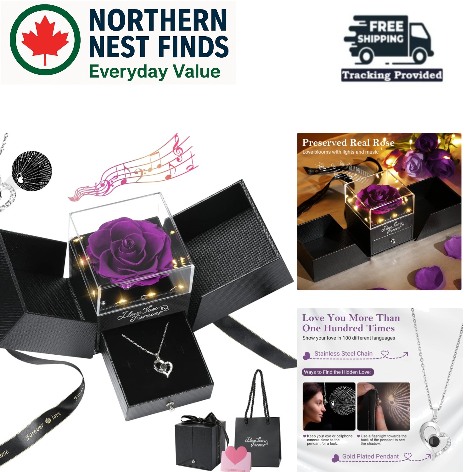 Eternal Preserved Purple Rose Gift with Heart Necklace – Romance in a Box